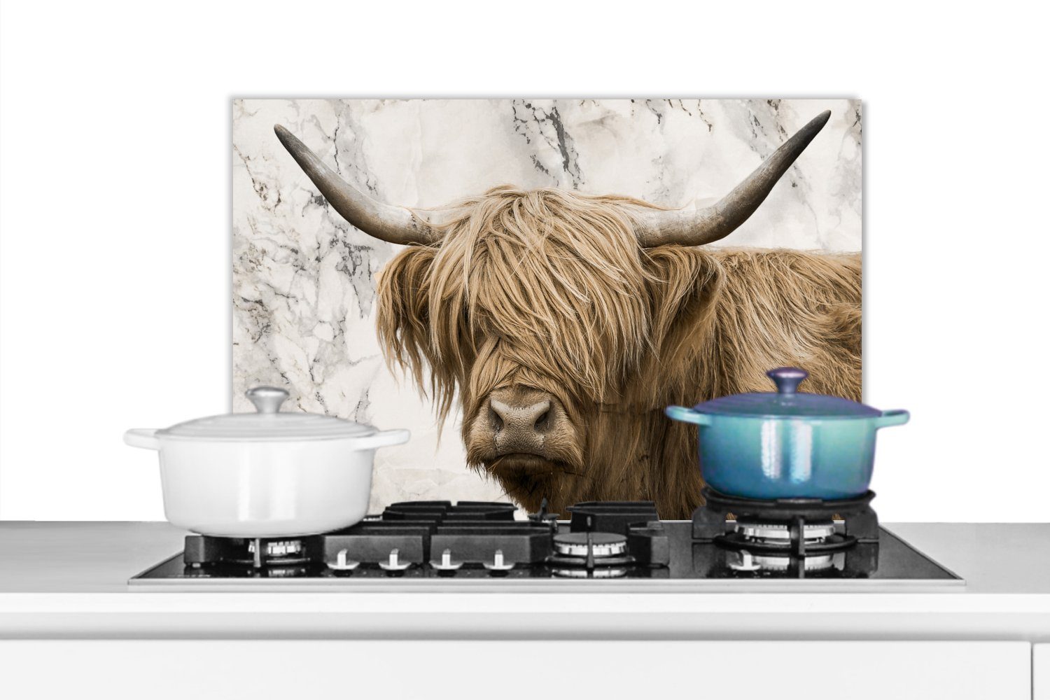 MuchoWow Küchenrückwand Schottischer Highlander - Marmor - Tiere, (1-tlg), 60x40 cm, Herdblende aus Wandschutz, Temperaturbeständig küchen