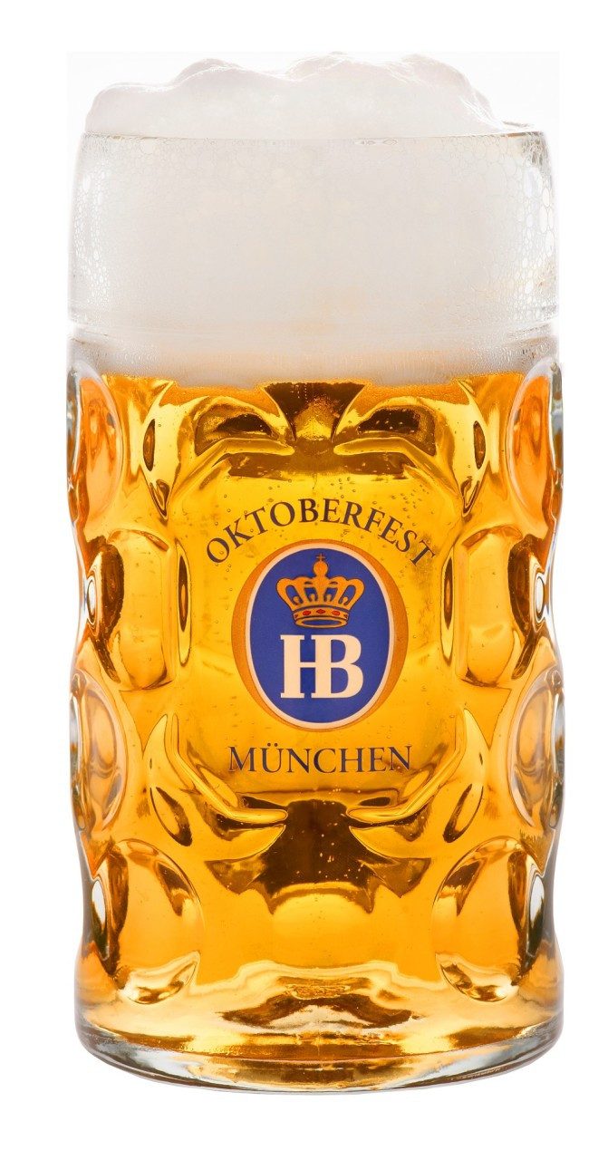 Hofbräuhaus München Bierglas Glaskrug, Bierkrug, Maßkrug "Isarseidel Oktoberfest", 1000 ml, Glas