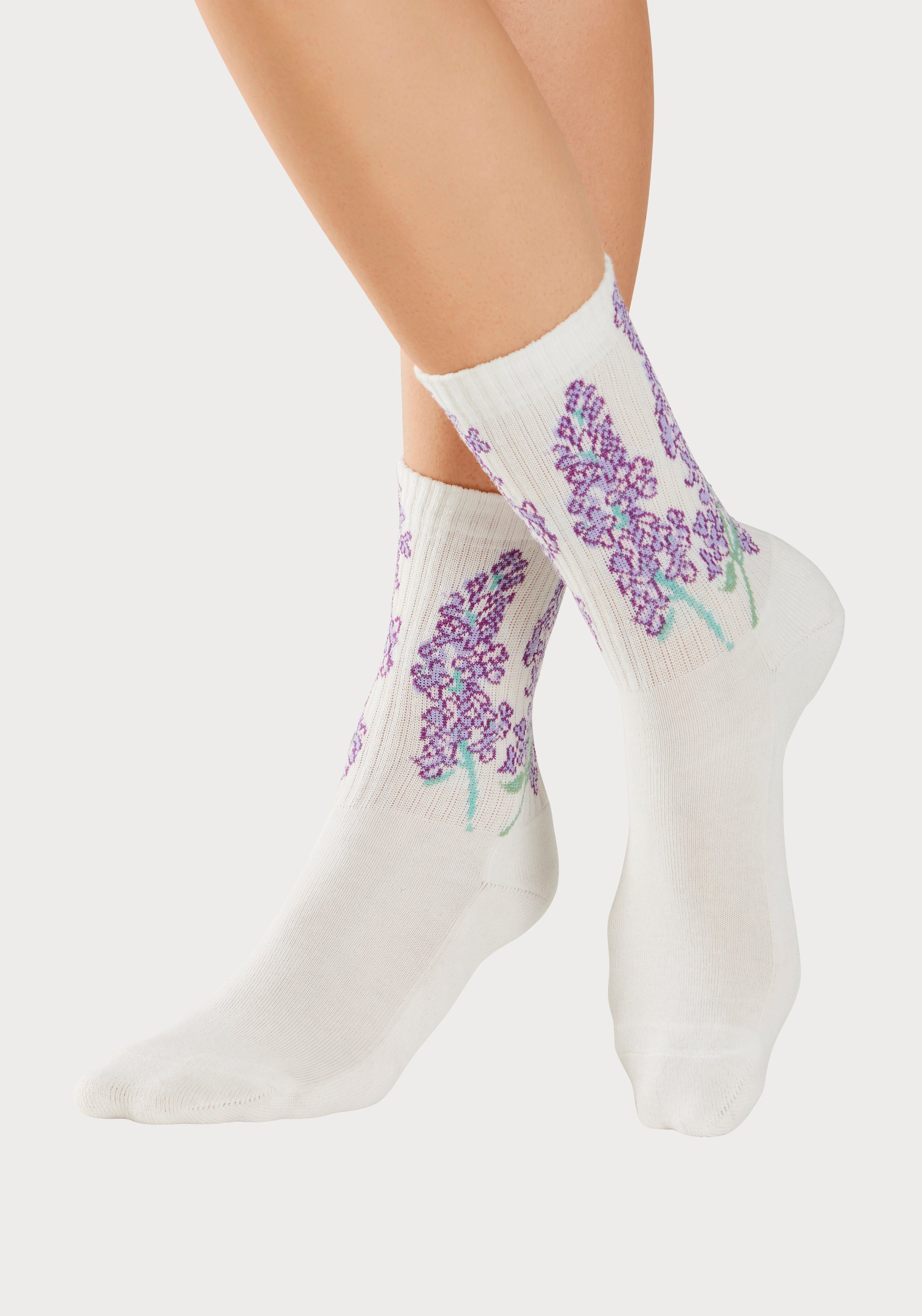 Blumen mit LASCANA ecru 4x Basicsocken Motiven (Packung, 4-Paar) eingestrickten