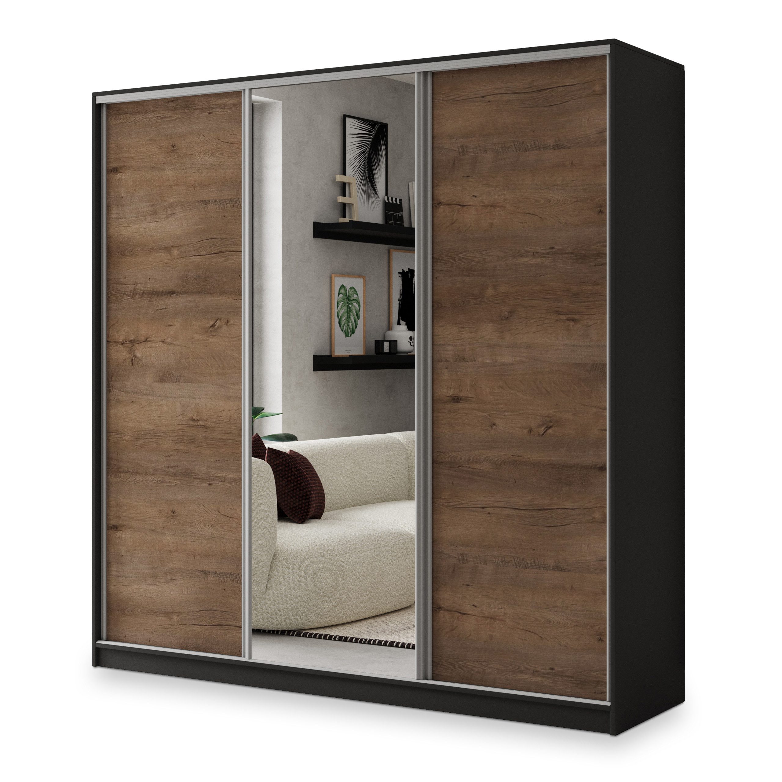 Masseno Schwebetürenschrank SORE Kleiderschrank mit Spiegel und Schubladen Schlafzimmerschrank