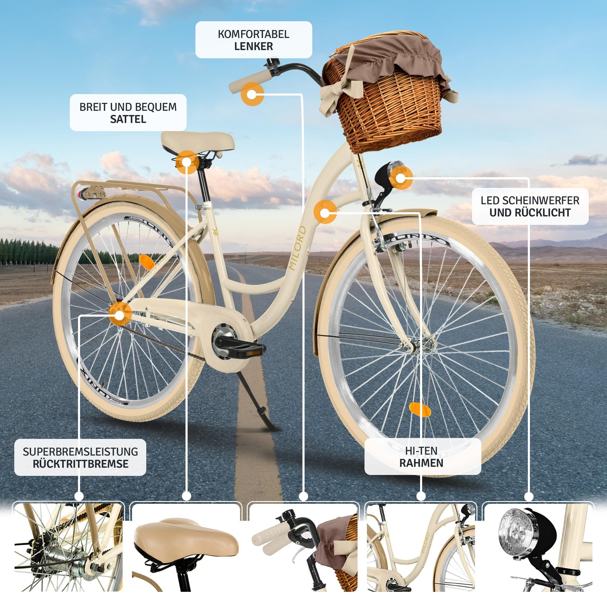 Milord Cityrad Milord City Fahrrad Korb Damenfahrrad, 28/26 Zoll, Creme-Braun, 1-Gang, 1 Gang, (Fahrradständer, Gepäckträger, Klingel, Korb, Kotflügel)