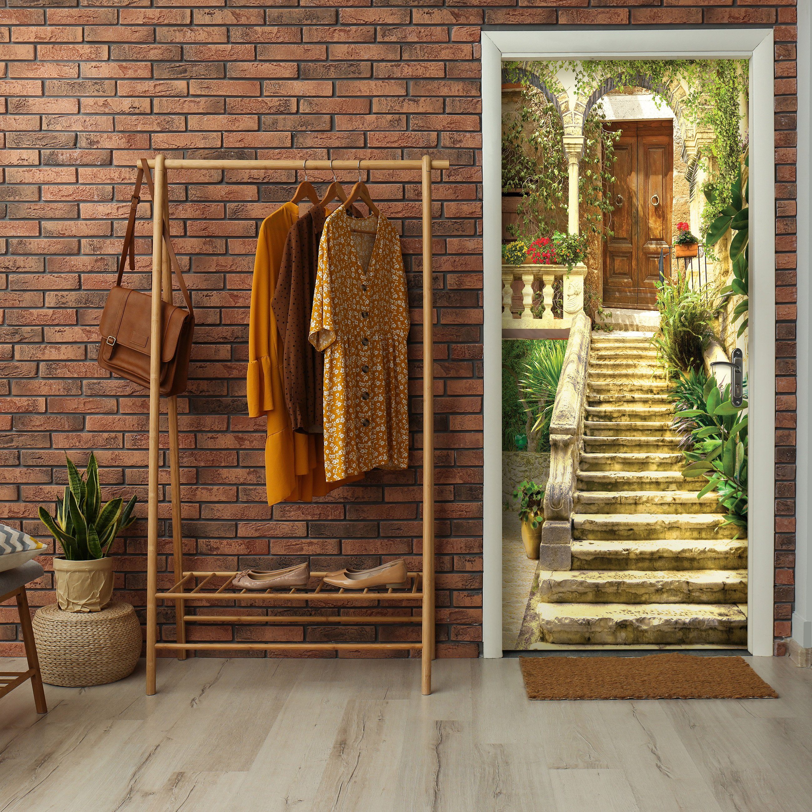 Wallarena Türtapete Selbstklebend Gasse Treppe 3D Effekt Türposter Türfolie Türaufkleber Fototapete für Tür, 91x211 cm, Glatt, 3D-Optik, Gasse, Türtapete Selbstklebend