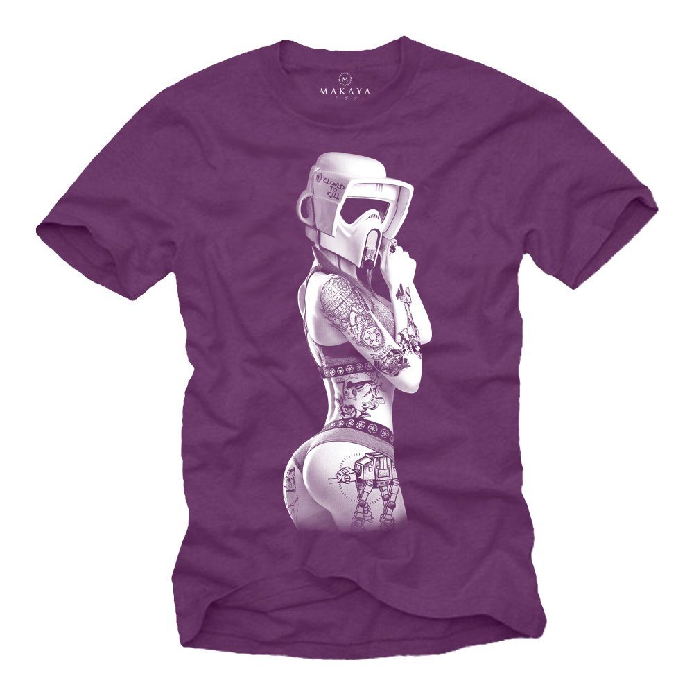 MAKAYA Print-Shirt Herren Ink Wars Tattoo Trooper Coole Geschenke Männer Bekleidung mit Druck, aus Baumwolle Lila