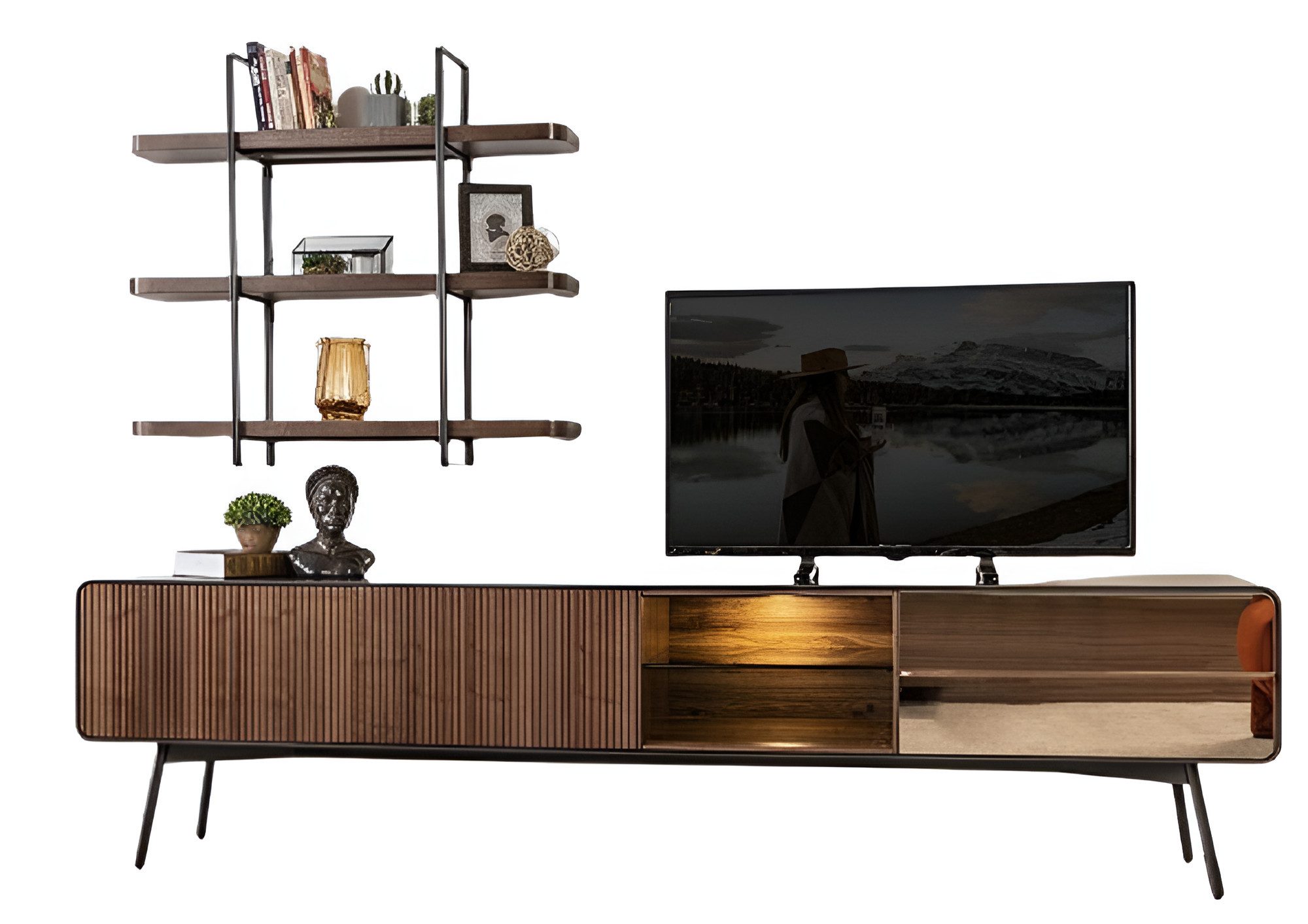 Wohnwand TV-Bank Regal Sideboard Wohnzimmer Holz Braun Zeitgemäß