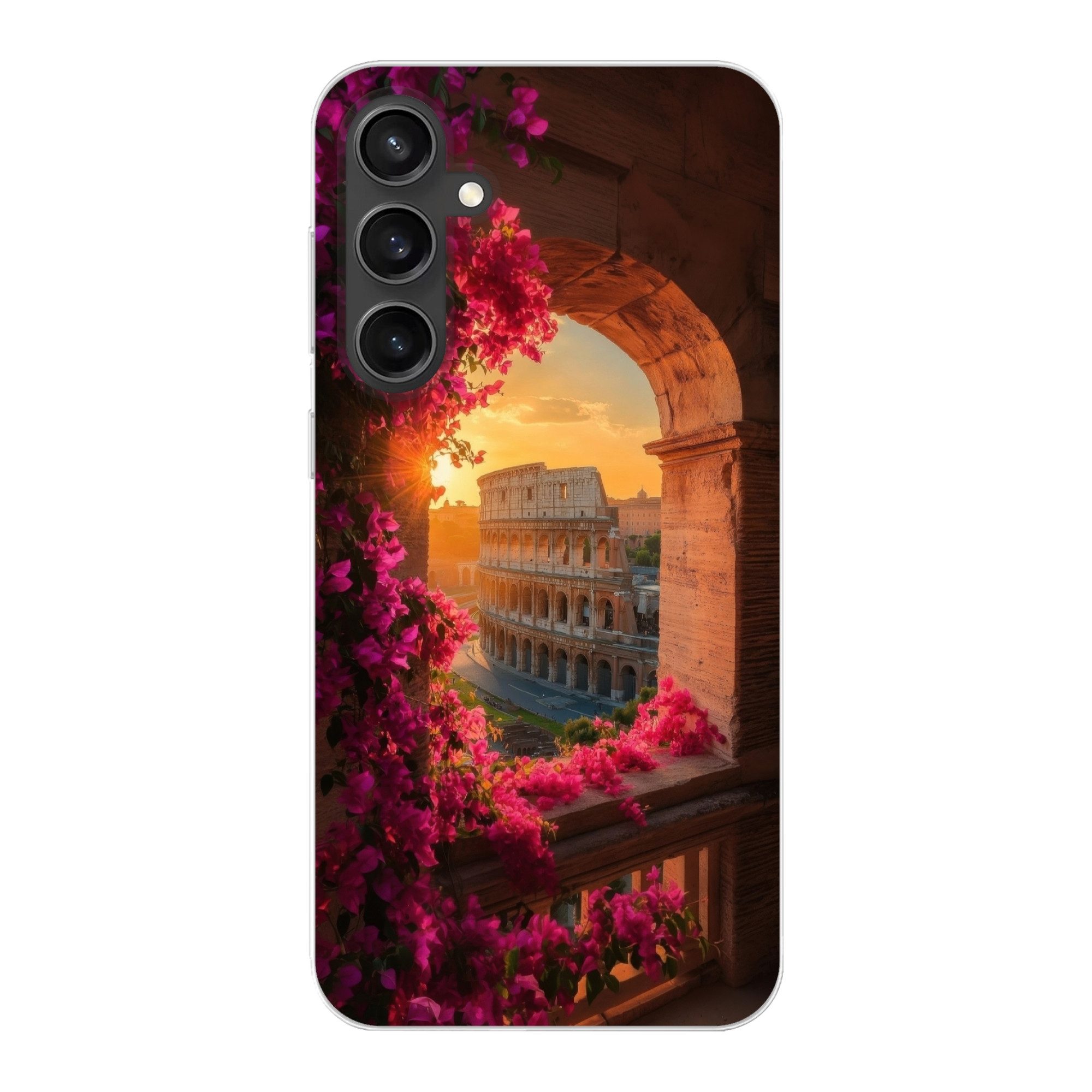 MuchoWow Handyhülle für Samsung Galaxy S23 FE Kolosseum - Rom - Rosa Blumen