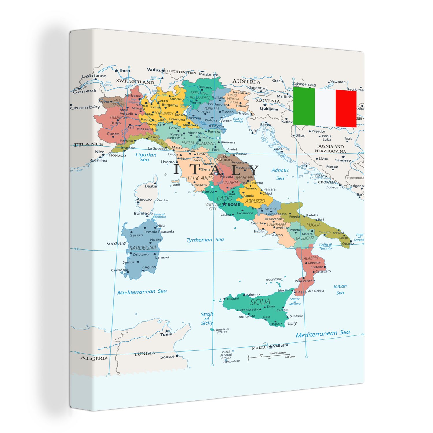 OneMillionCanvasses® Leinwandbild Karte von Italien, Fotodruck (1 St), Wandbild, Deko Schlafzimmer Wohnzimmer Flur 20x20 cm