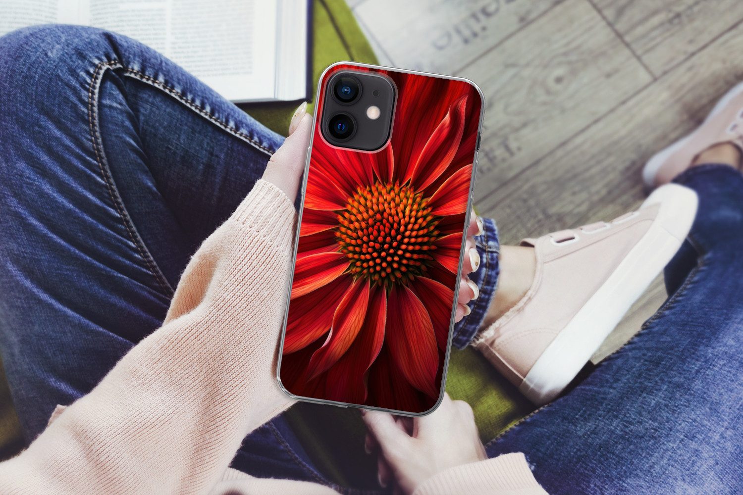 MuchoWow Handyhülle für Apple iPhone 12 Nahaufnahme - Blume - Rot, Smartphone-Bumper, Print, Handy Schutzhülle Dünn