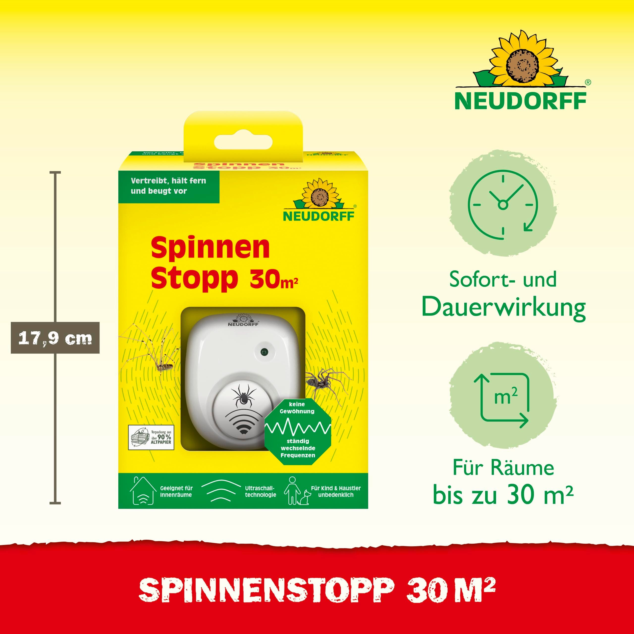 Neudorff Vergrämungsmittel SpinnenStopp deckt 30m² ab, Vertreibt Spinnen sofort und dauerhaft aus Wohnräumen, Dachböden, Kellern und Garagen, Spinnenschrecks mit Anti Gewöhnungseffekt, für Innenräume wie Wohnräumen, Dachböden, Kellern und Garagen