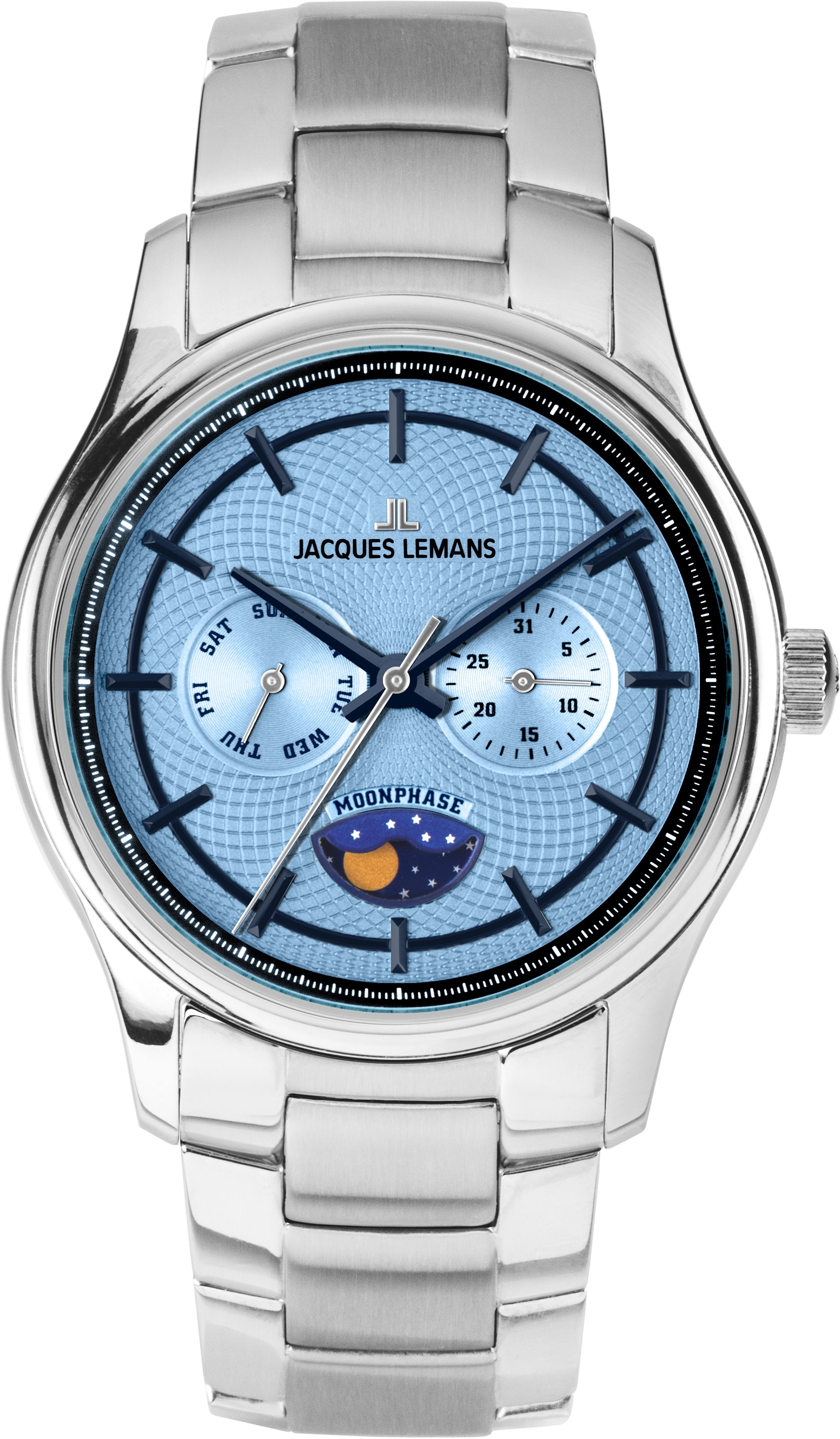 Jacques Lemans Quarzuhr Derby 1-2213N, Armbanduhr, Herrenuhr, Edelstahlarmband, analog, Wochentag, Mondphase