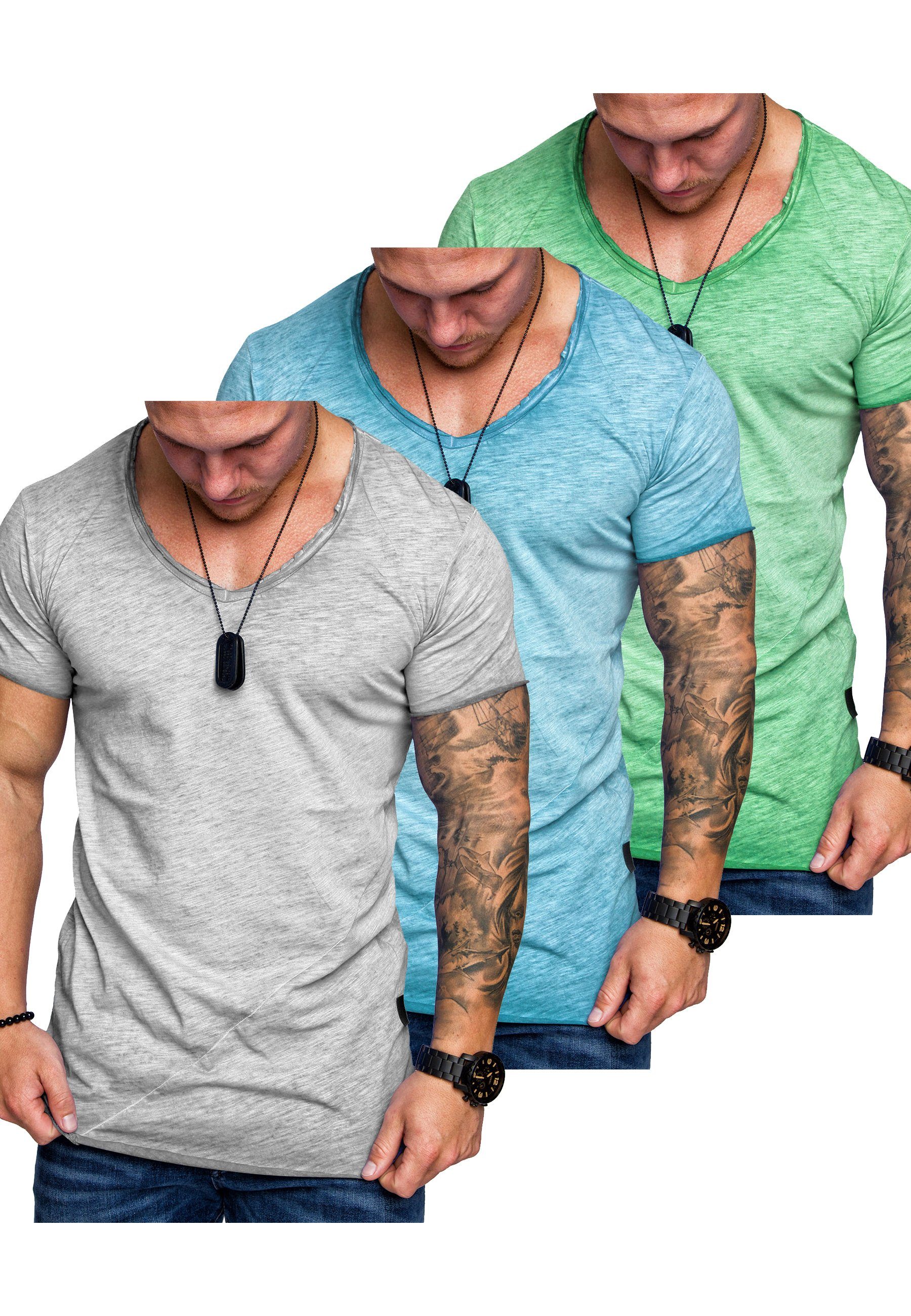 (Türkis Mintgrün) + SAN + Herren Amaci&Sons Oversize T-Shirts (3er-Pack) 3er-Pack T-Shirt V-Ausschnitt 3. Basic Hellgrau FRANCISCO T-Shirt mit