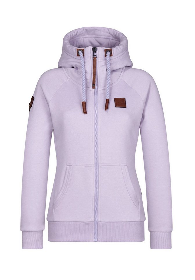 naketano Sweatjacke Damen mit Kapuze, Kängurutasche, tailliert, melierte Sweatware, Raglan Kordelzug, Rippbündchen, Kunstleder-Logo, casual, Streetwear, Langarm