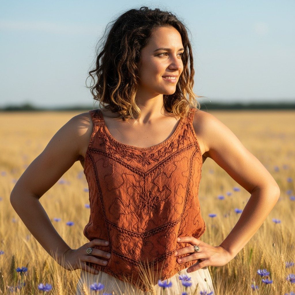 Guru-Shop T-Shirt Besticktes Top Boho chic, Hippie Top - rostorange Festiva günstig online kaufen