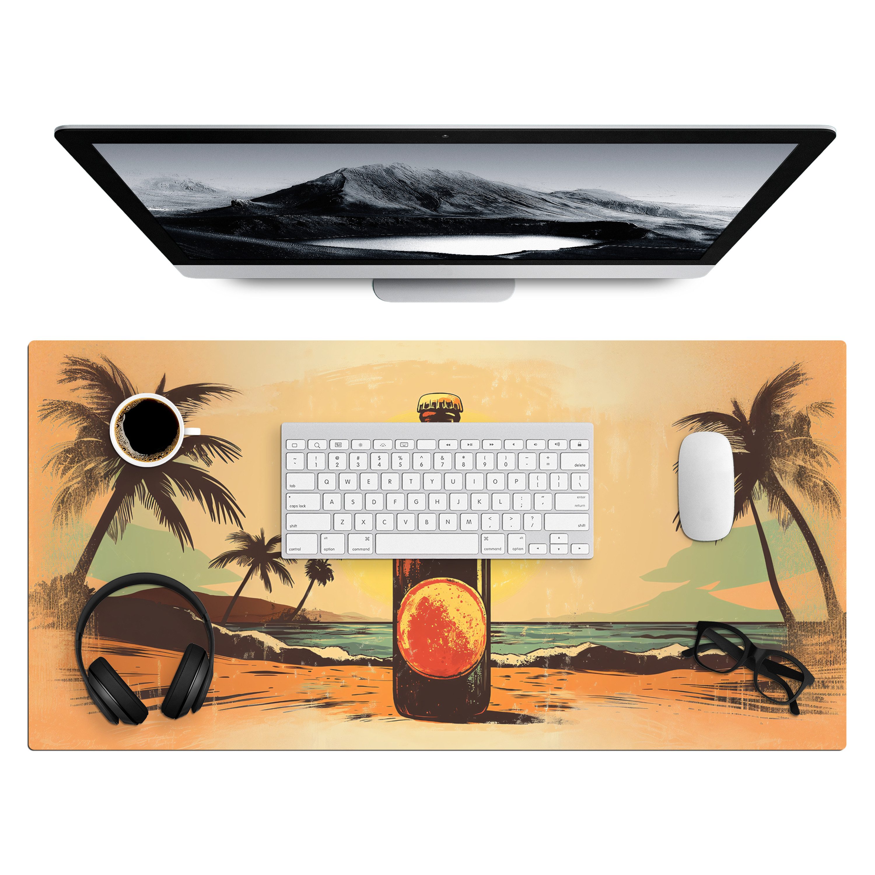 MuchoWow Gaming Mauspad Bierflasche - Sonnenuntergang - Palmen - Meer (1-St), Gaming Mauspad XXL, Schreibtischunterlage, Desk Mat Groß, 80x40 cm