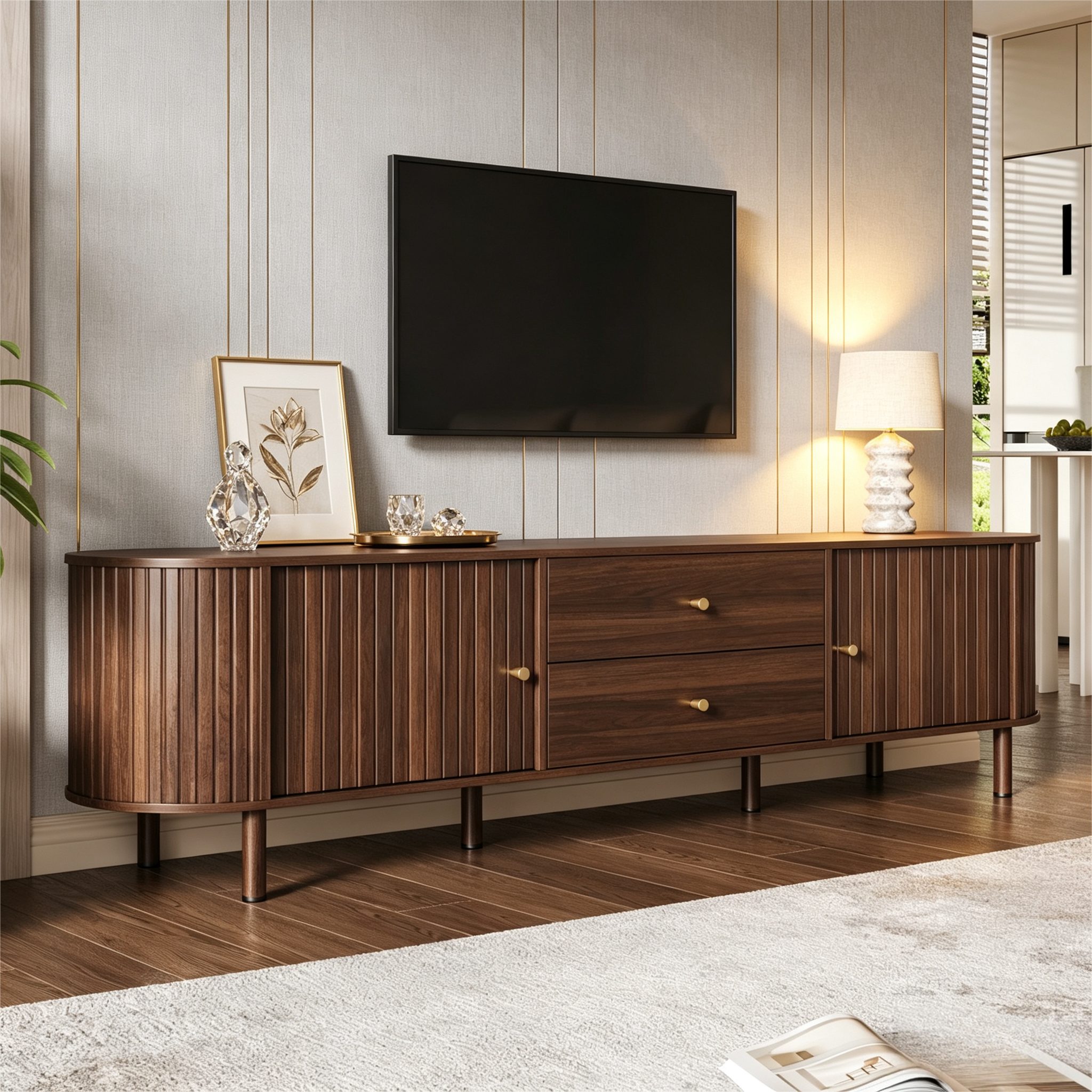 Merax Lowboard mit 2 Schiebetüren und 2 Schubladen, TV Schrank in Holzoptik (1 St), Fernsehtisch mit Kabelmanagement, 180x40x58cm