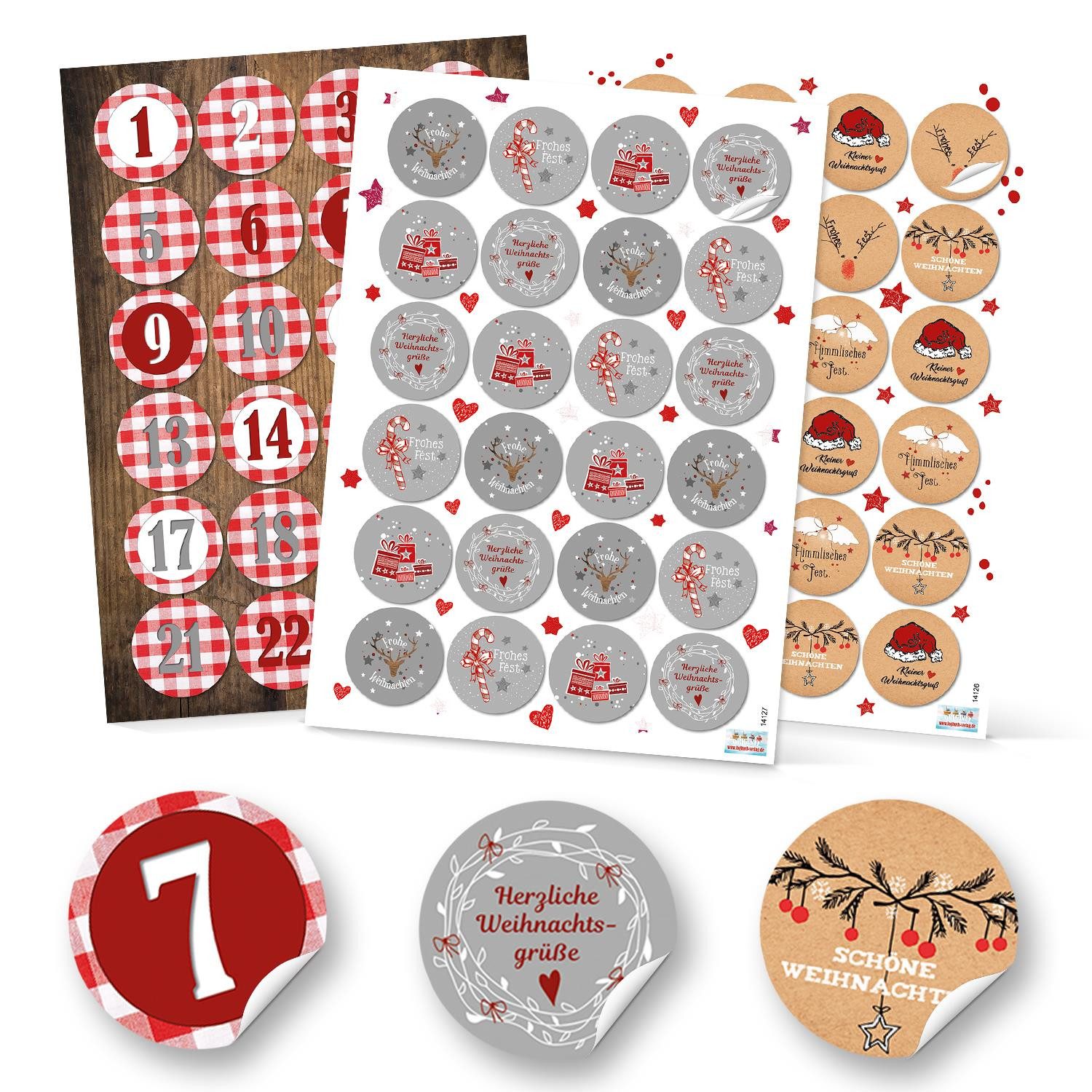 Aufkleber Weihnachtsaufkleber-Set: 24 Adventskalender-Zahlen KARIERT + 48 grau