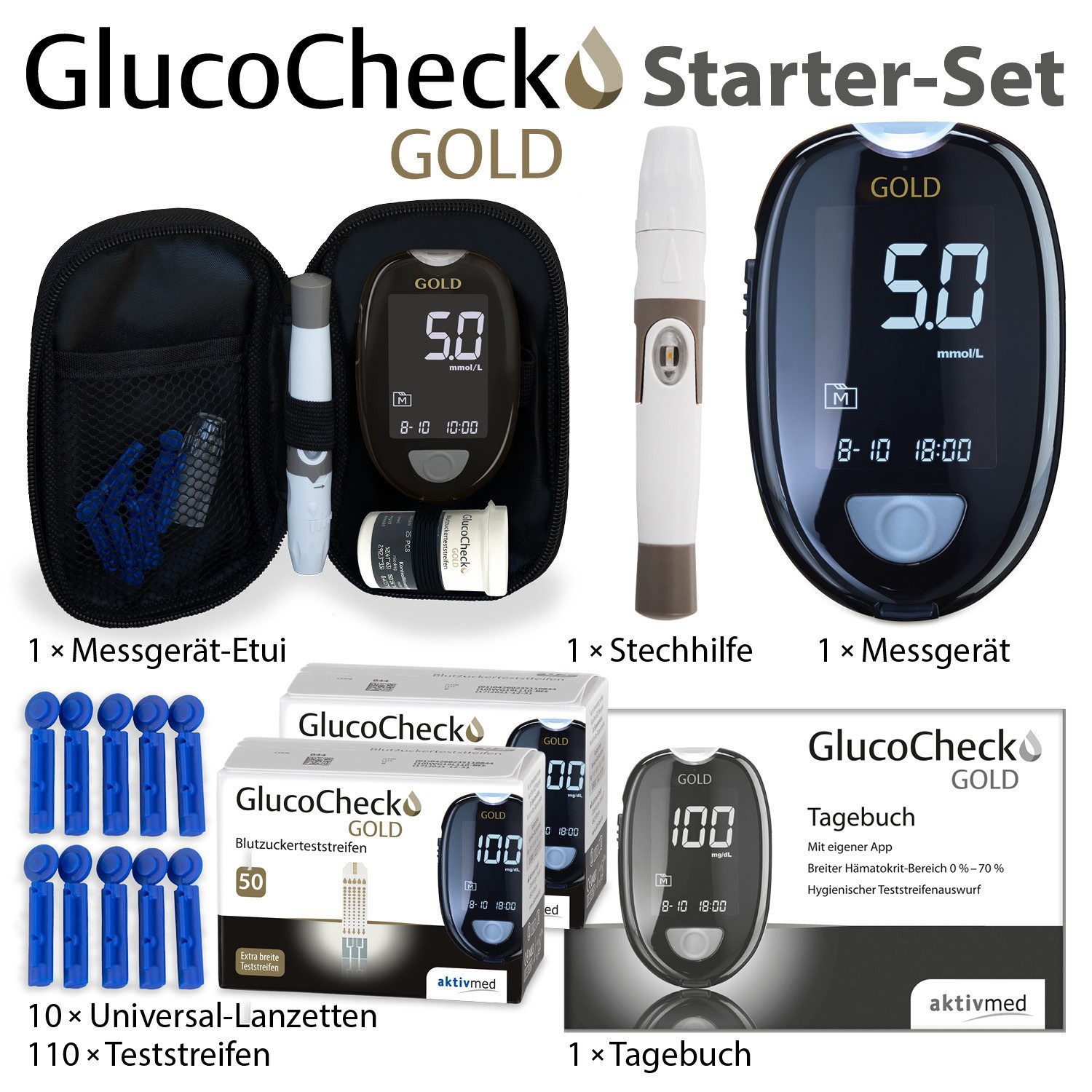 GlucoCheck Blutzuckermessgerät GlucoCheck GOLD Starter-Set mit 110 Teststreifen mmol/l – Bild 3 von 4