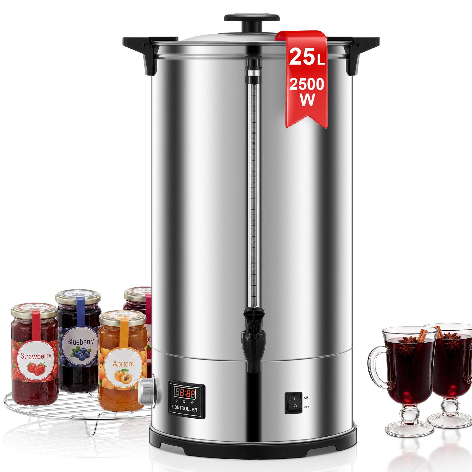 FOHERE Heißwasserspender 25L, Edelstahl, mit Wasserhahn und Temperaturregelung, 25 l, 2500 W
