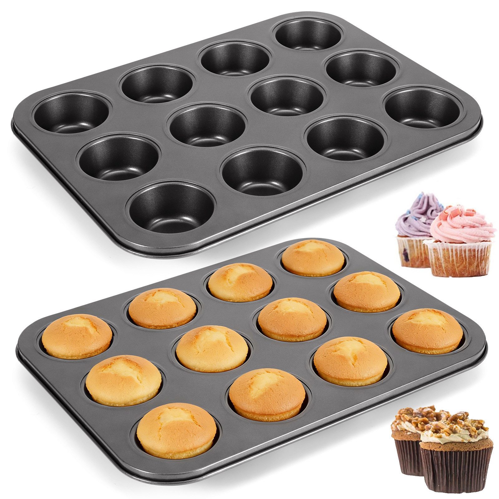 BlingBin Muffinplatten 2 Stück Muffinform Blech für 24 Muffins, Rund Backblech, Karbonstahl, (2er Set, 2-St., 35*26,5*3cm, Antihaftbeschichtet, Karbonstahl), Metall Muffin Backform für Cupcake, Yorkshire Pie, Pudding