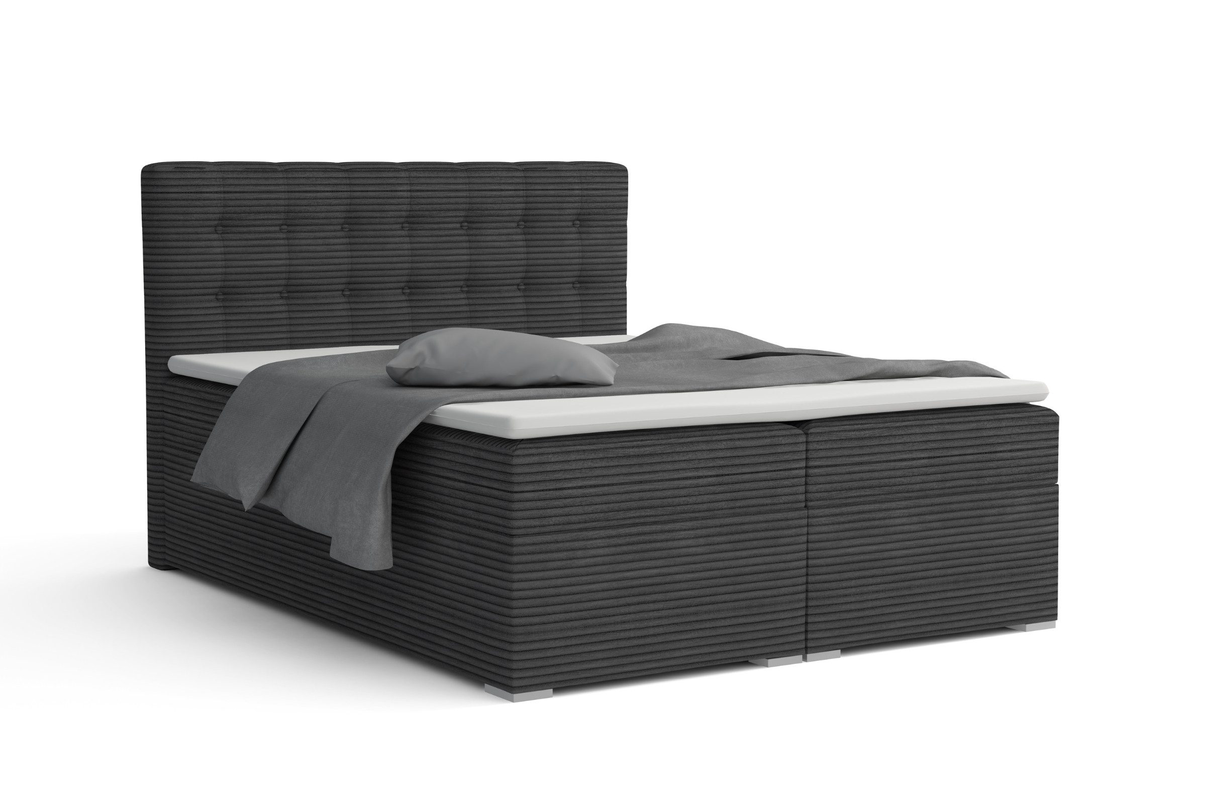 Deine Möbel 24 Boxspringbett CARLY Boxspring Komplettbett Polsterbett Bonellfederkernmatratzen H3 (Beige Creme Grau Dunkelgrau Graphit Anthrazit Schwarz, 3-St., Boxbett Cord Cord-Samt 120x200 140x200 160x200 180x200 200x200), inkl. Bettkasten Topper Matratzen H3 H4