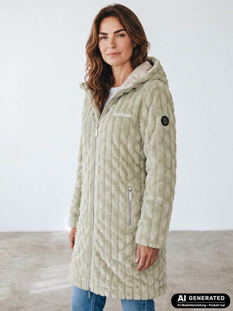 River Creek Wintermantel Damen Coralfleece-Mantel 3D-Muster - Fleecemantel Kapuzenmantel Markantes 3D-Muster, Kapuze, Reißverschlusstaschen, Logo-Stickerei
