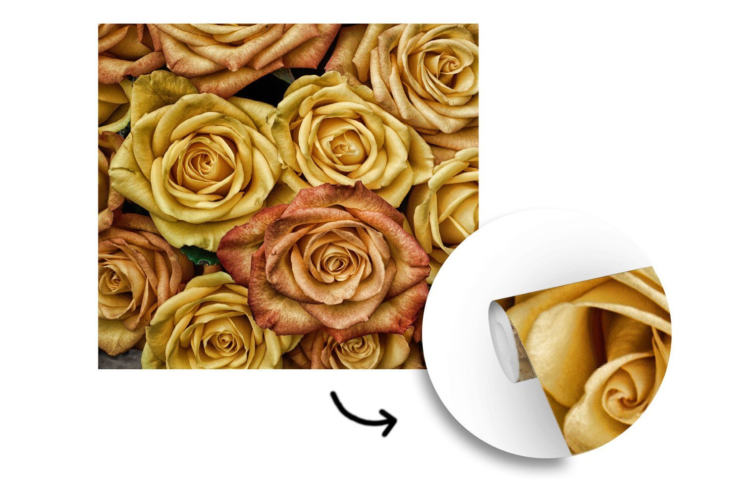 MuchoWow Fototapete - - Gold St), oder bedruckt, Vinyl (5 Tapete Wandtapete Wohnzimmer Rosen Blumenstrauß, Matt, für Schlafzimmer