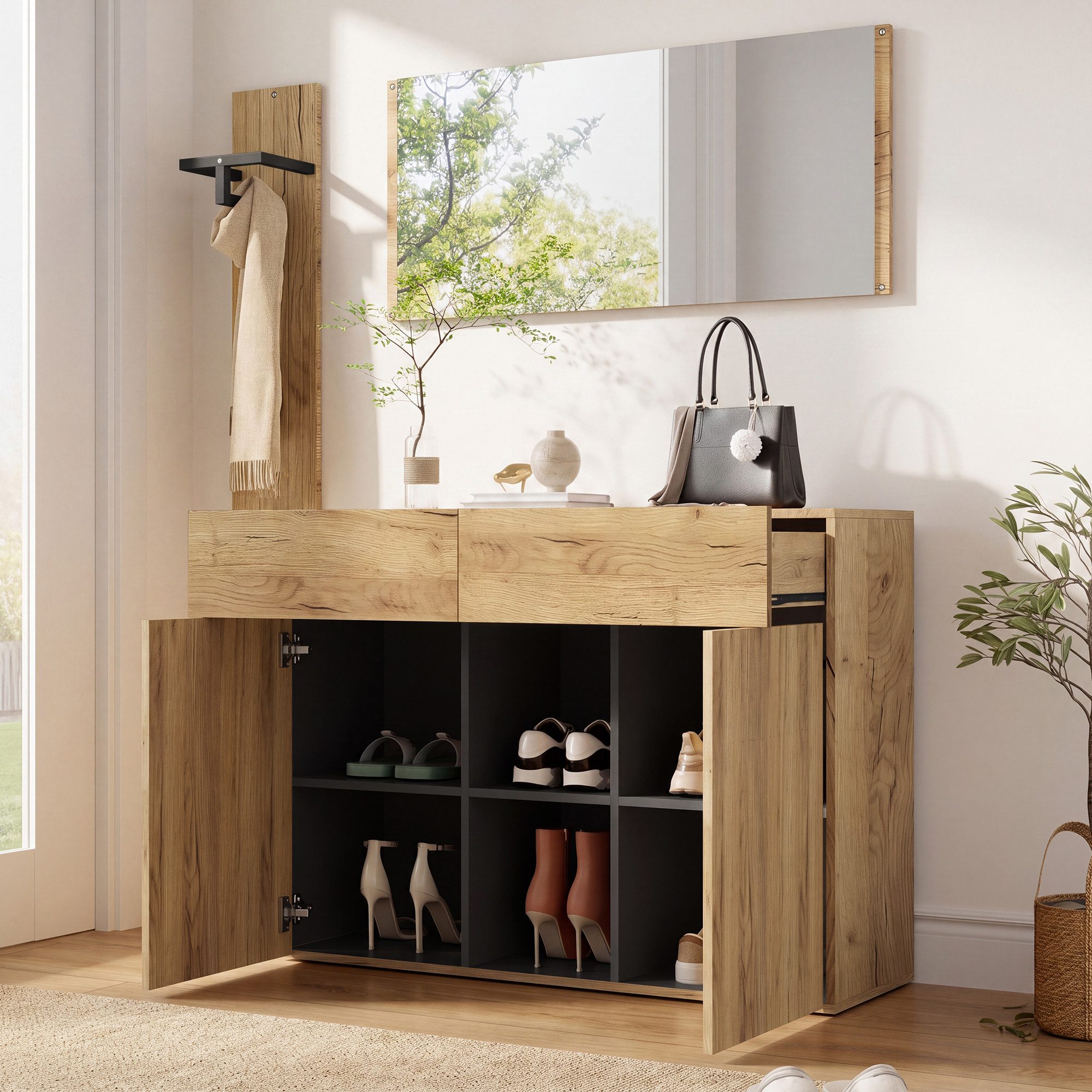 Flieks Garderoben-Set 3-teilig Kompaktgarderobe Flurmöbel-Set in Holzoptik Natur&Schwarz, (3-St), Spiegel Kleiderständer Schuhschrank mit verstellbarer Einlegeb – Bild 2 von 5