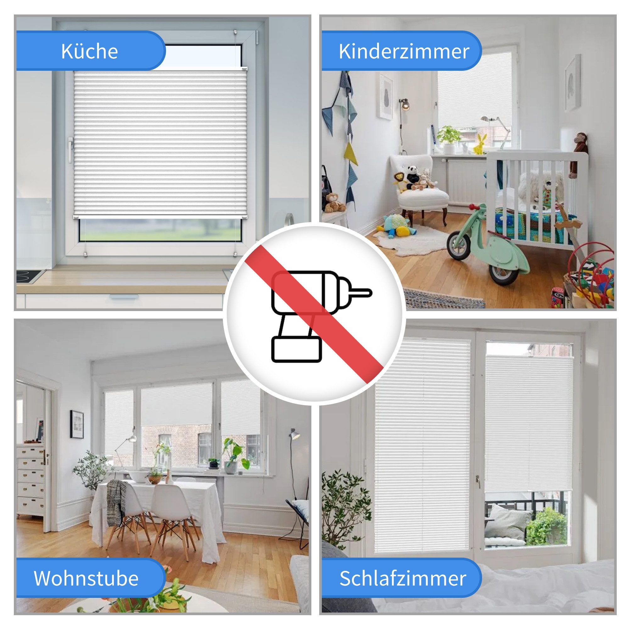 OUBO Plissee Faltrollo Ohne Bohren, blickdicht, Klemmträger,Easyfix, Lichtschutz, verspannt, Klemmfix, Jalousie für Fenster & Tür