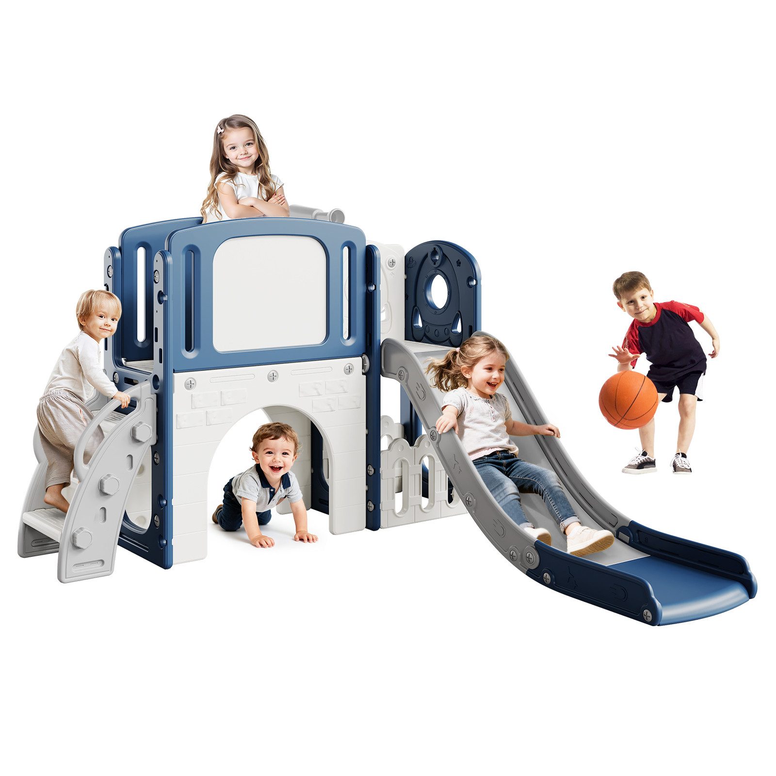 GarveeMore Rutsche Kinderrutsche 8-in-1 Für Kleinkinder, Indoor & Outdoor Rutsche, Mit Basketballkorb, Klettergerüst, Schaukel