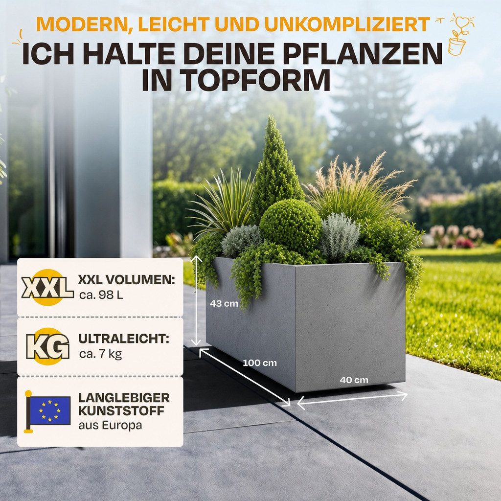 ONDIS24 Pflanzkübel Blumenkübel Blumentopf Vulkan 100cm Vulkan/Basalt Optik, mit Wasserspeicher Pflanzenkasten winterfest, 100 x 40 x 43,5 (H) cm – Bild 2 von 5