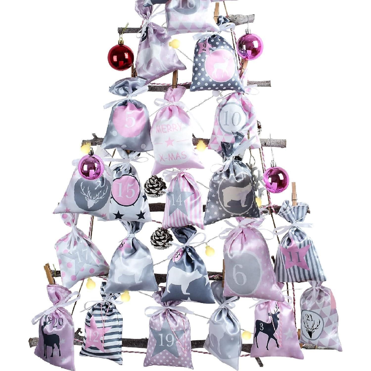 LuxusKollektion DIY-Adventskalender Adventskalender zum Befüllen XXL Stoffsäckchen Set 2024 Rosa Grau