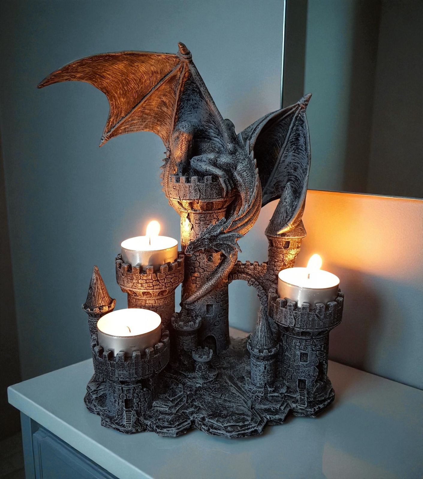 Vogler Teelichthalter mit Tablett Drachen Kerzenhalter aus Polyresin Drache günstig online kaufen