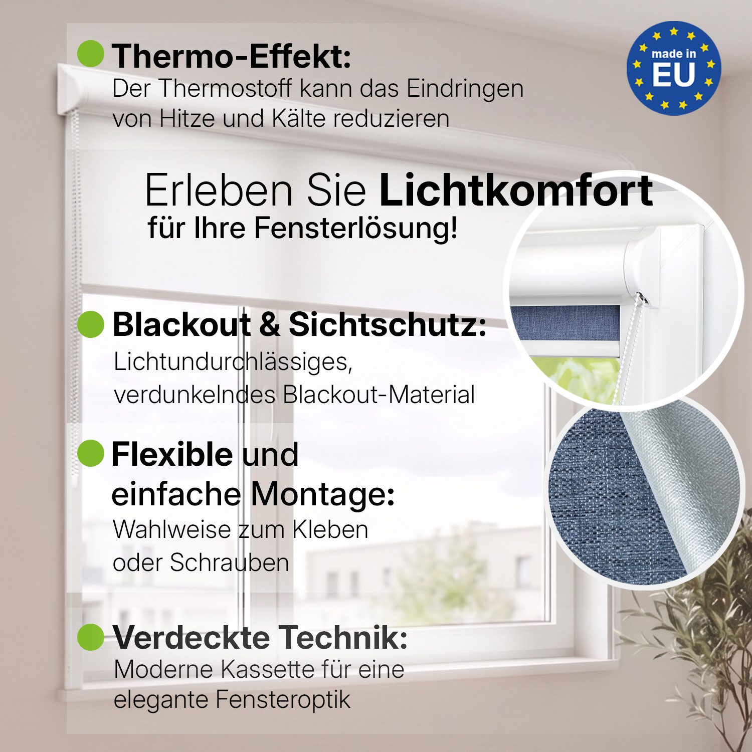Rollo Premium Blackout Thermo Kassettenrollo mit Seitenführung, DomDeco, blickdicht, ohne Bohren, zum Kleben oder Schrauben