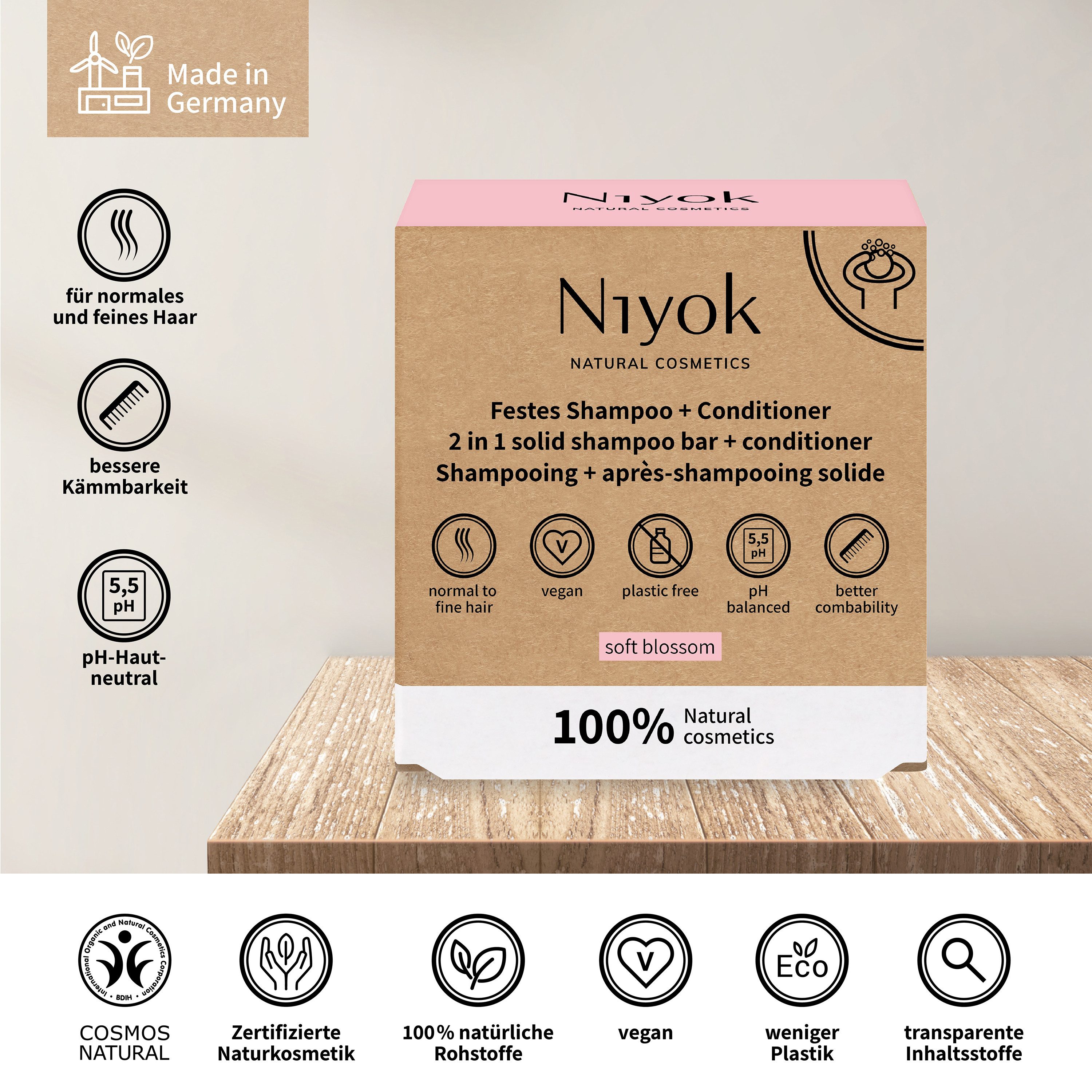 Niyok Festes Haarshampoo 2-in-1 Festes Shampoo + Conditioner Plastikfrei & Vegan, Nachhaltiges Shampoo & Spülung, PH-Neutral, normales & feines Haar