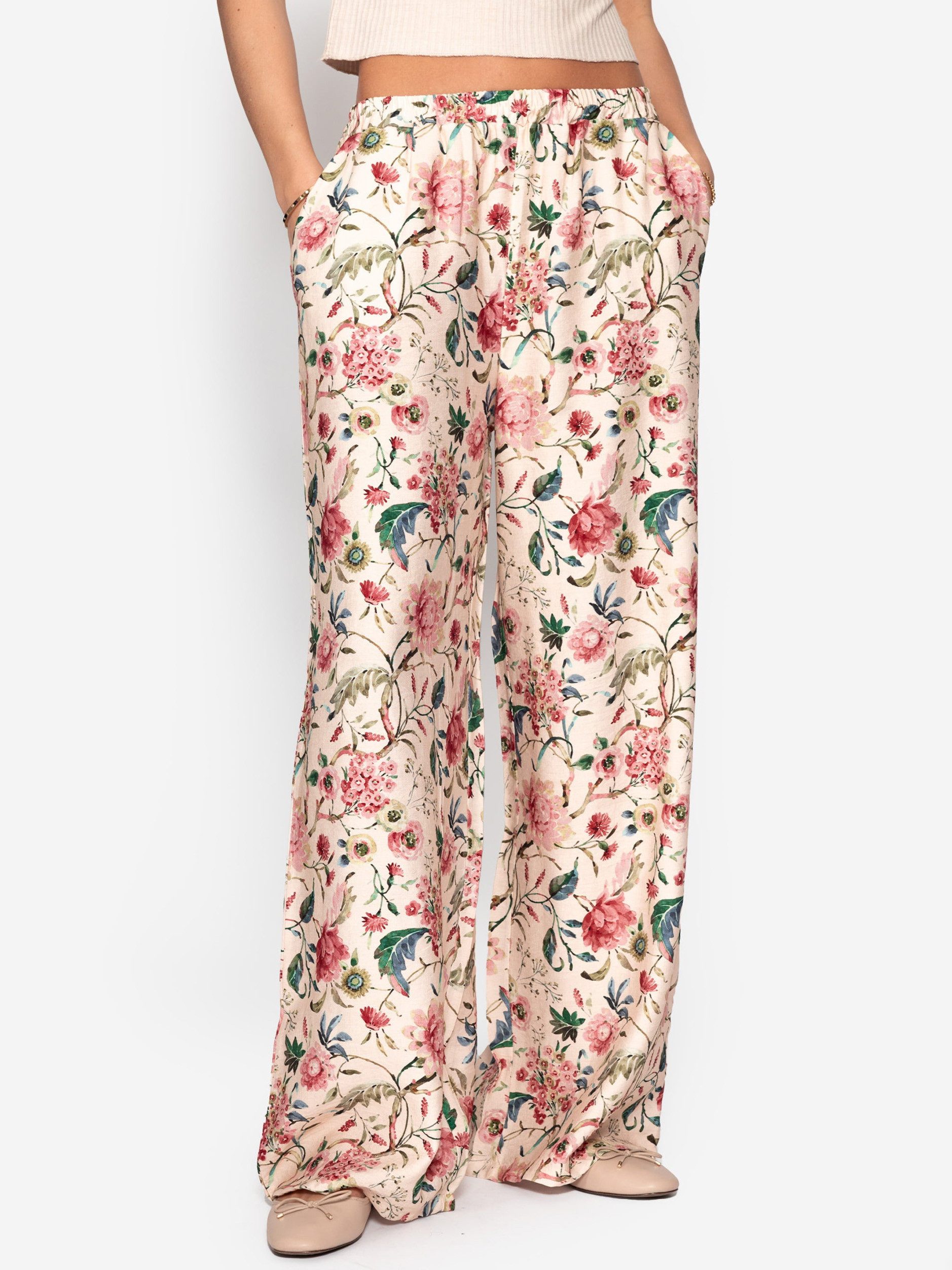 SASSYCLASSY Stoffhose Hose mit Blümchendruck für Damen Weite Hose in floralem Muster mit elastischem Bund Beige