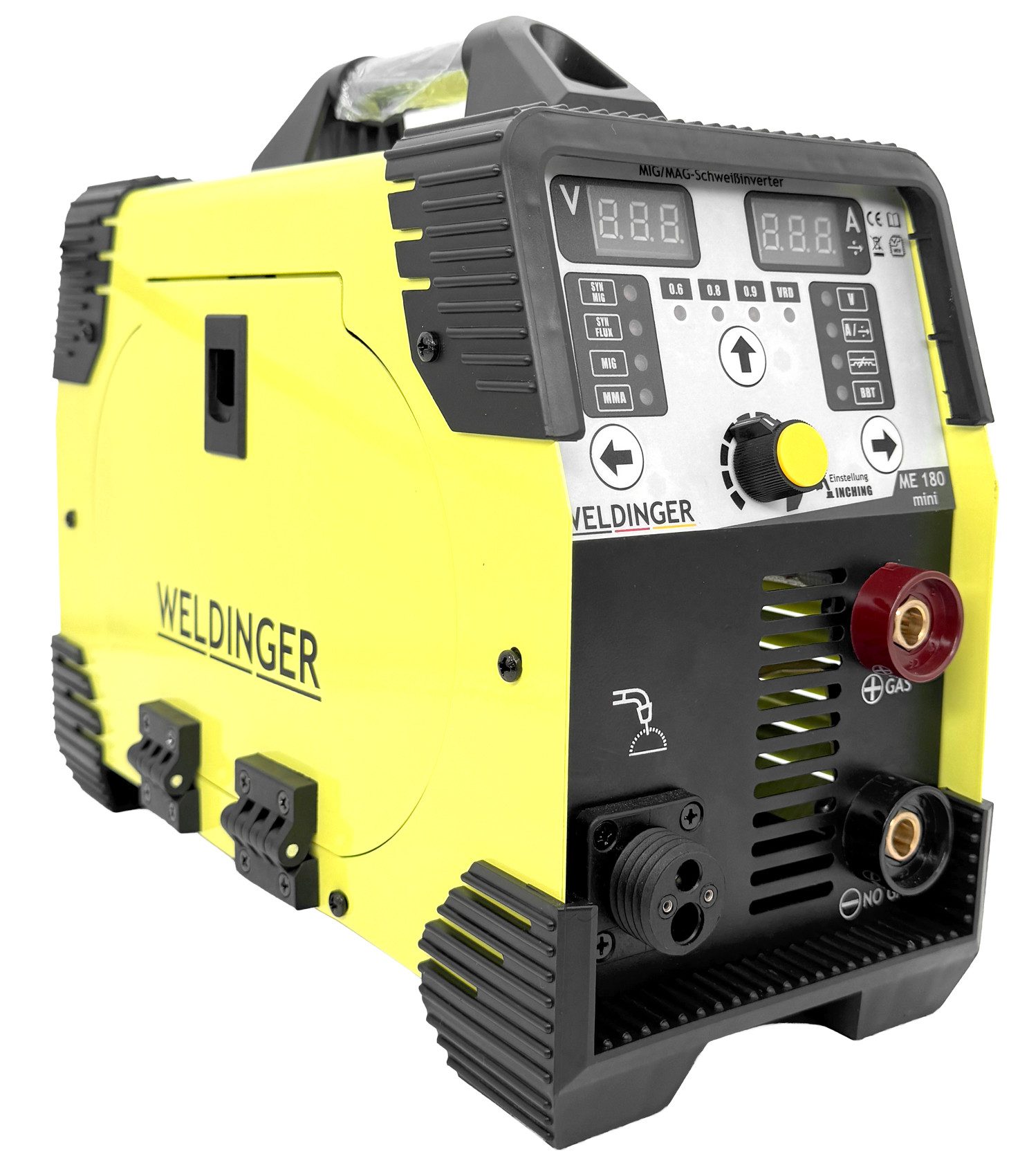 WELDINGER Schutzgasschweißgerät MIG/MAG-Schweißgerät ME180 mini Fülldrahtset synergisch mit Zubehör, 30 - 180 A, 4-tlg., Synergie, ultrakompakte Abmessung, besonders einfache Bedienung