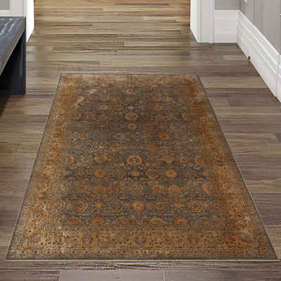 Teppich Orientalischer Teppich mit Blumen Ornamenten, in kupfer blau, Teppich-Traum, rechteckig, Fußbodenheizung-geeignet, Je nach Lichteinfall heller / dunkler (evtl. leicht glänzend)