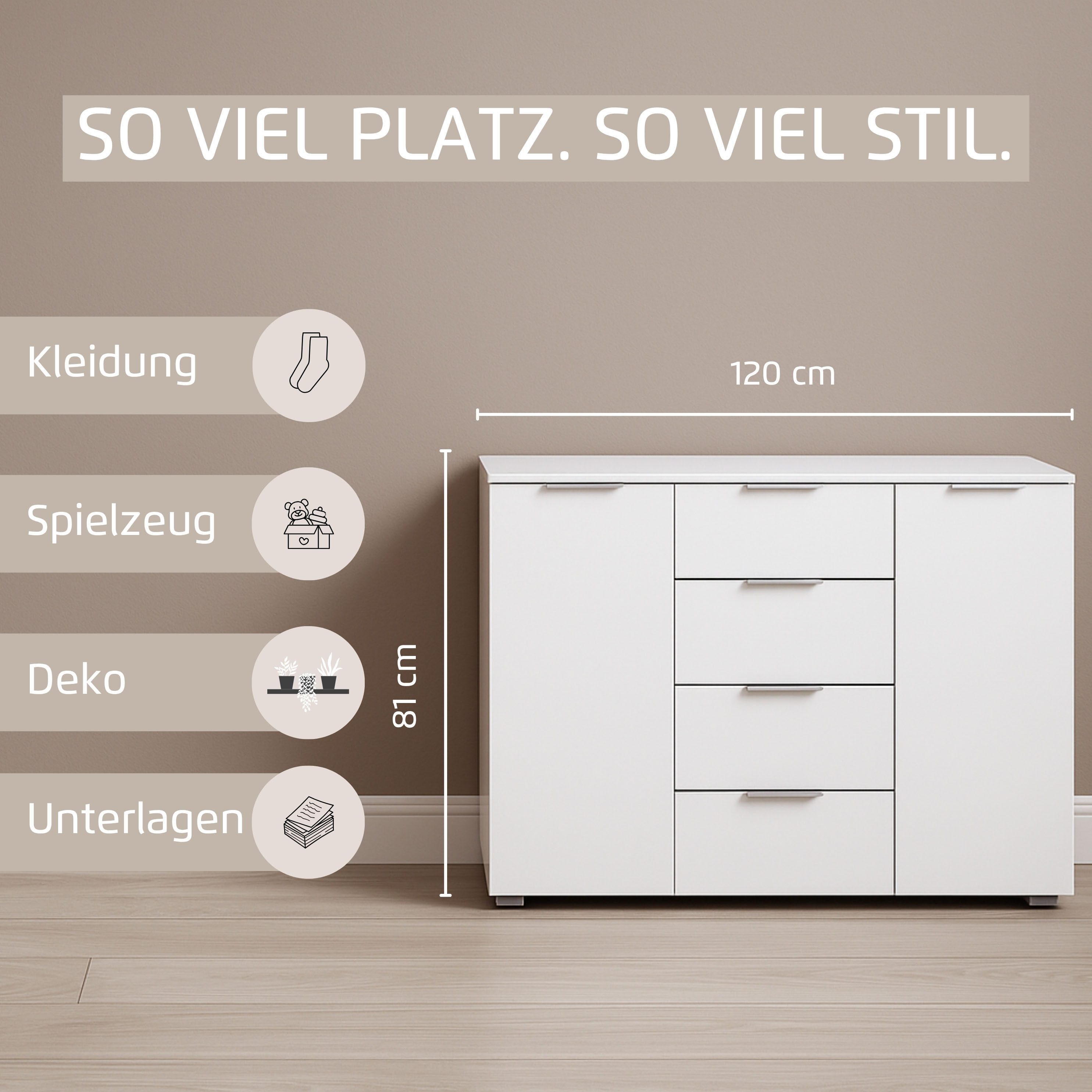 OTTO home Kombikommode Sideboard Schubladenkommode AGORDO mit Dekor- oder Hochglanzfront (in zwei Griff-Farben, Breite 120 cm), vier große Schubladen, mit insge – Bild 4 von 5