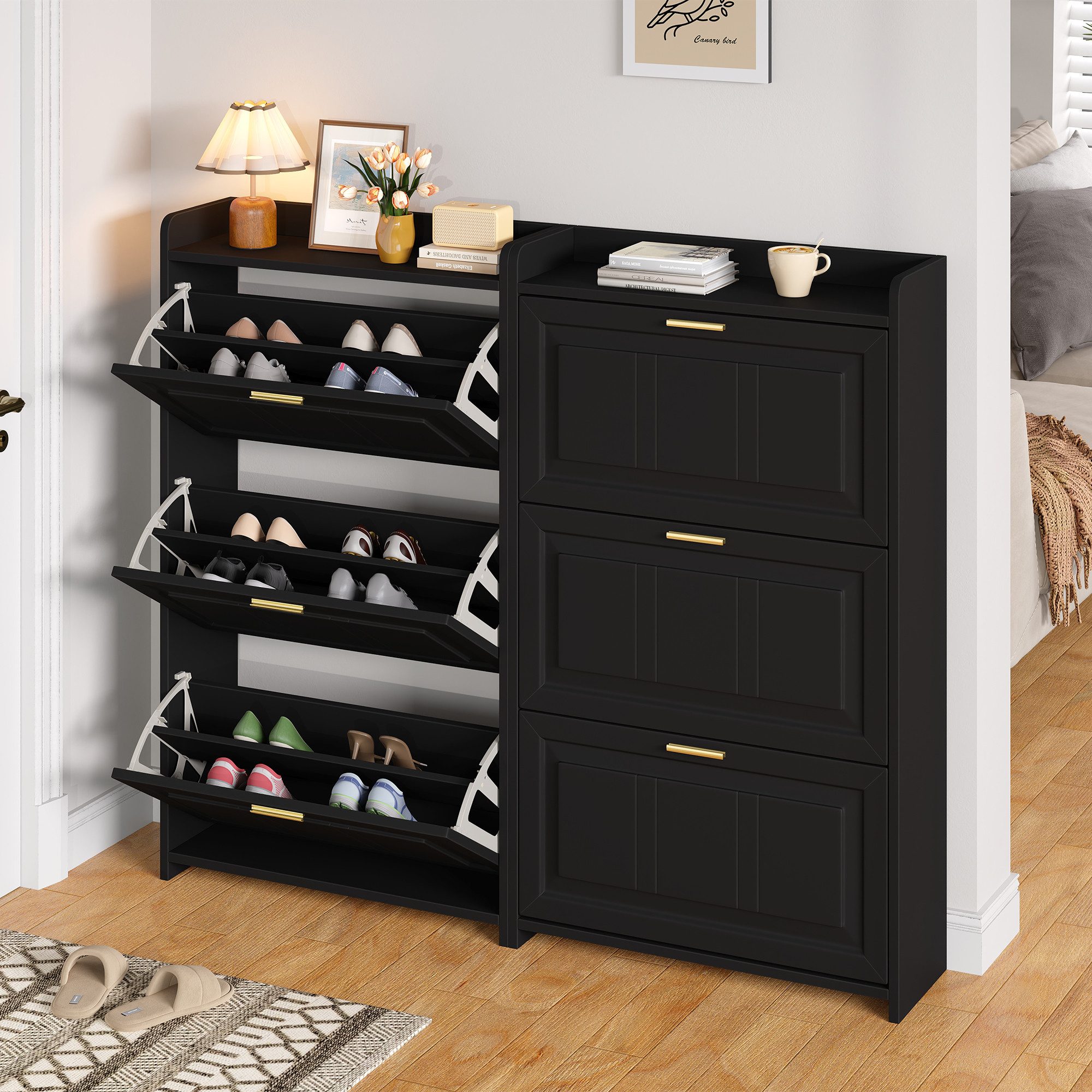 BlingBin Schuhschrank Schuhregal Schuhkipper Schuhkommode (Er bietet Platz für 24 bis 36 Paar Schuhe, 2-St., mit 6 Schrank, für Flure, Eingangsbereiche, Wohnzimmer und Büros) 140 L x 24 B x 120 H(cm), Schwarz