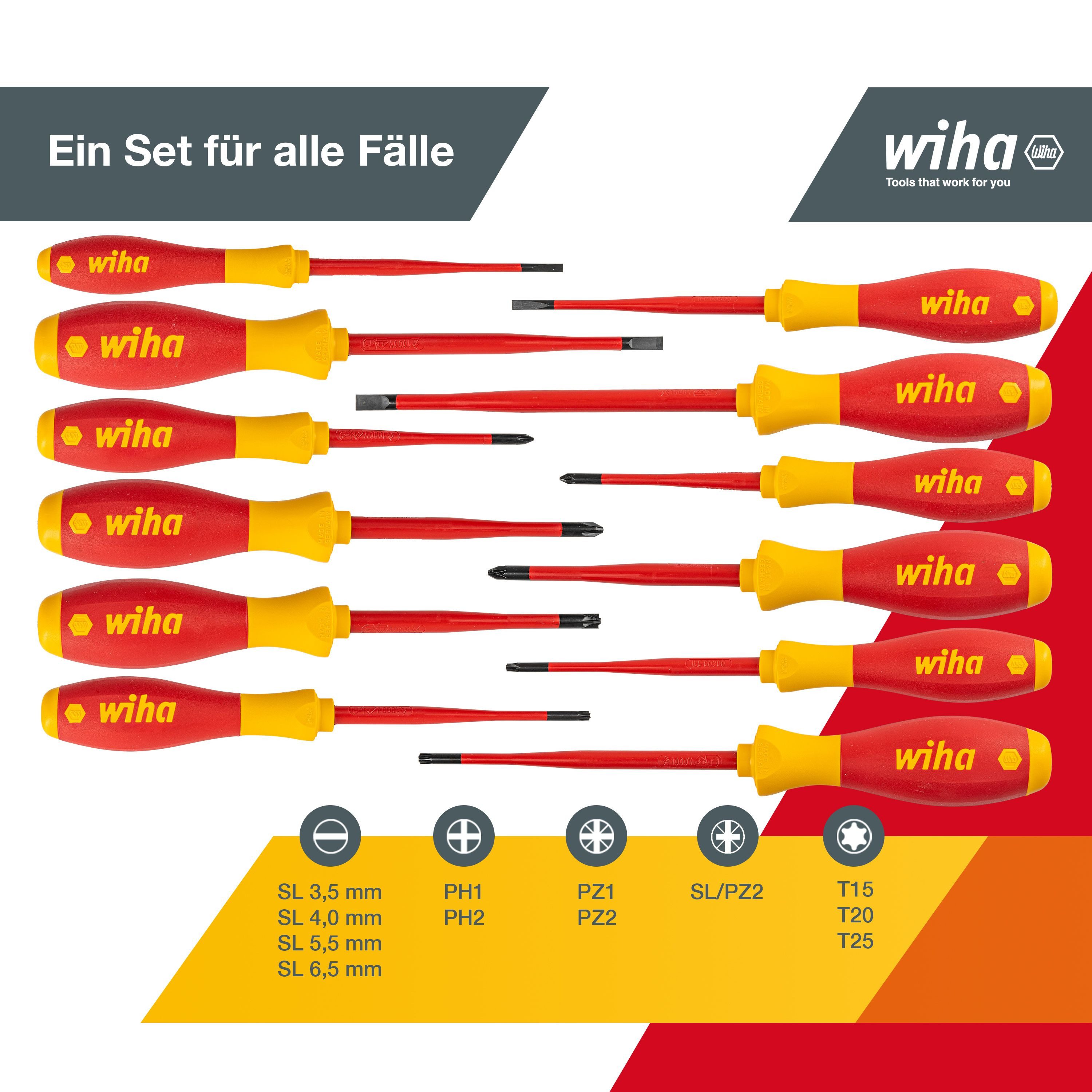 Wiha Schraubendreher Profi (41003) - 12 tlg., (12 St), VDE, mit dünner Spitze Schlitz, Kreuz, Kreuzschlitz, Torx, Plusminus
