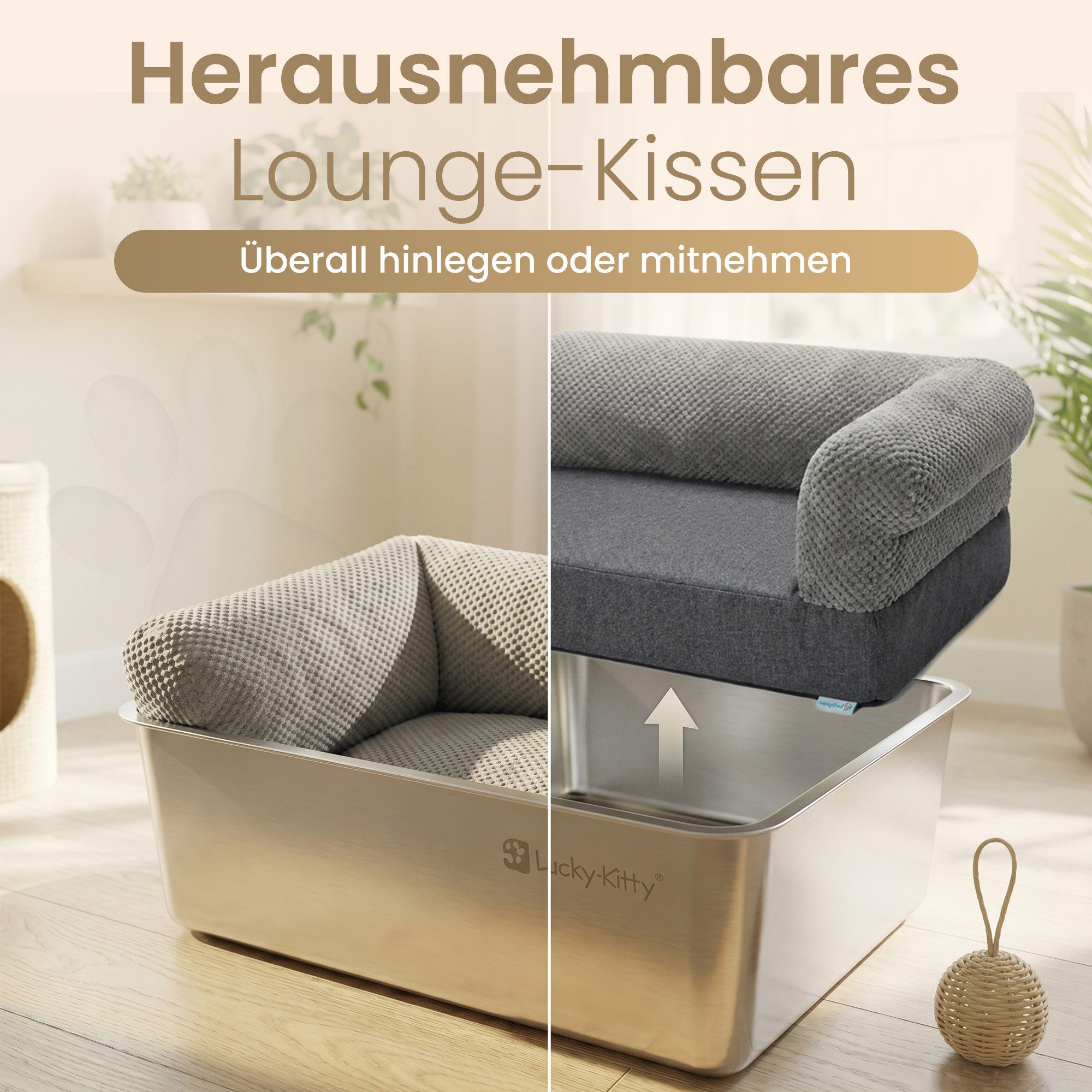 Lucky-Kitty Katzenliege Katzenbett "Luxe" 2-in-1, robuste Metallwanne + herausnehmbares Kissen, Memory-Foam für spürbar gemütlicheres Ruhen, Robust, einfach zu reinigen, waschbarer Bezug