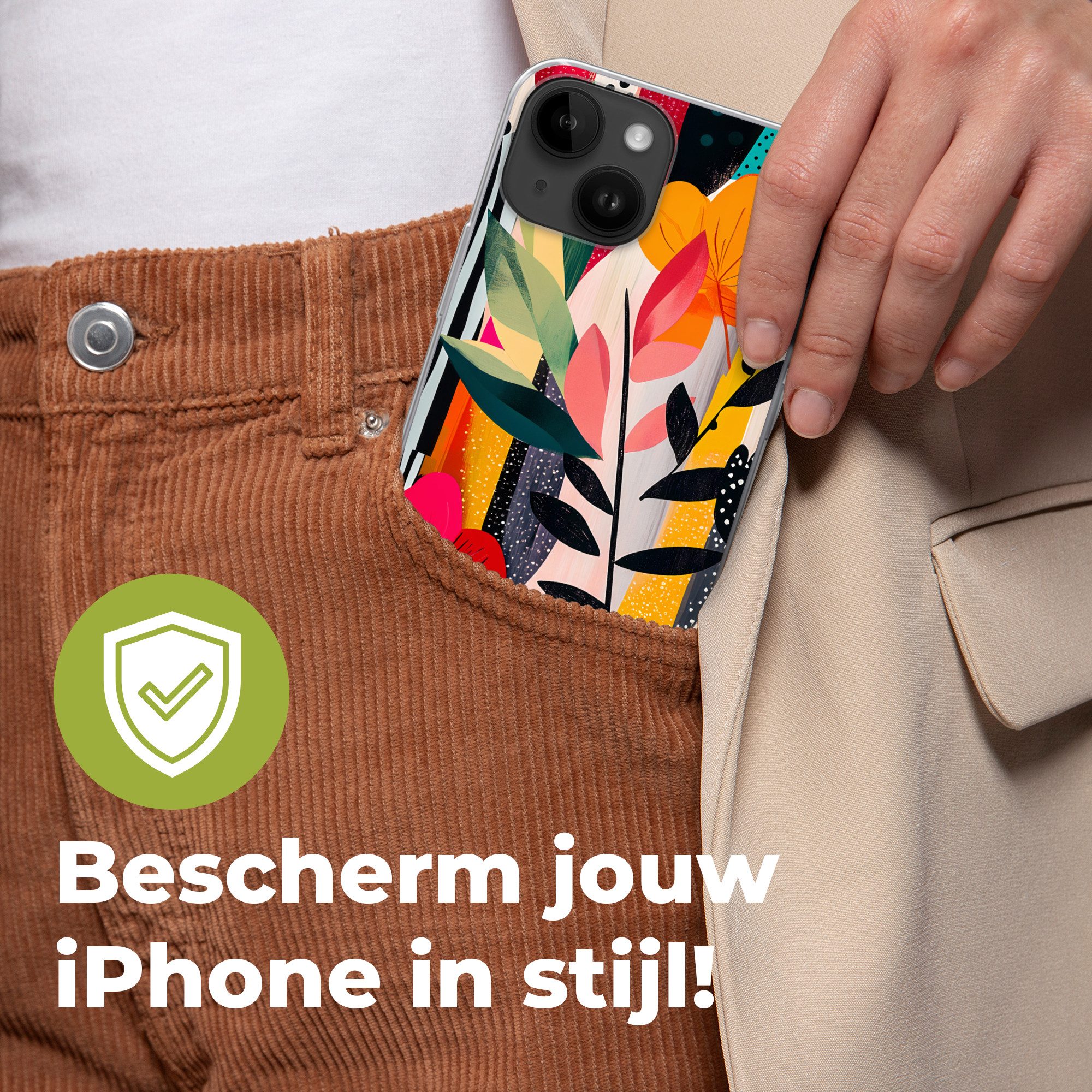 MuchoWow Handyhülle für Apple iPhone 14 Blumen - Blätter - Abstrakt - Farbenfroh, Smartphone-Bumper, Print, Handy Schutzhülle Dünn
