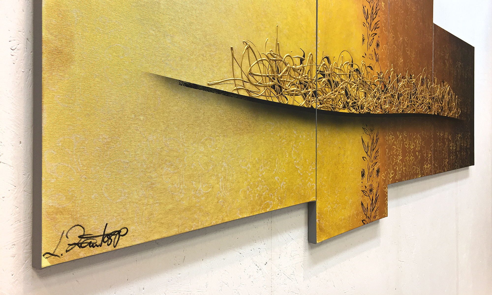 WandbilderXXL Gemälde Golden Nights 200 x 80 cm, Abstraktes Gemälde, handgemaltes Unikat
