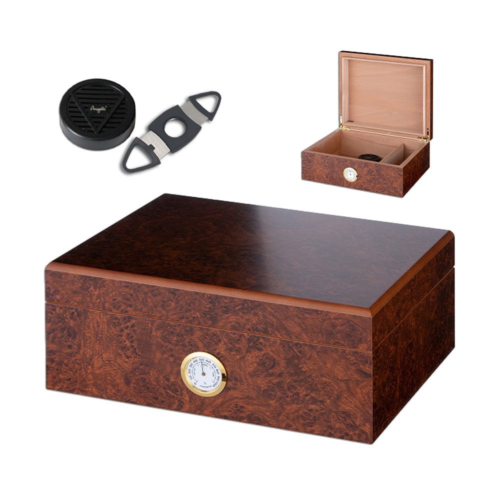 Coumo Humidor Set, Wurzelholz Finish, Humidor für ca. 50 Zigarren