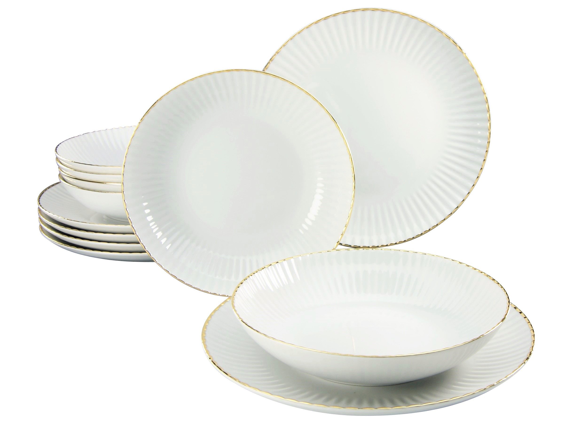 CreaTable Tafelservice Allegra Goldband, Service 12-tlg. (12-tlg), 6 Personen, Porzellan, Klassisch, Elegant, Von Hand gemalter Goldrand