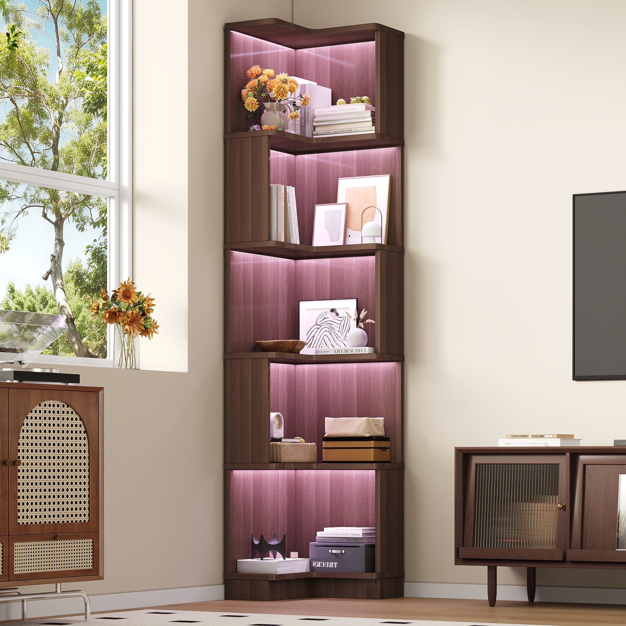 Flieks Bücherregal Standregal Eckregal mit LED-Beleuchtung und 6 Ebenen/5 Ebenen, B63,5/T45/H175 cm 1-tlg., Eckbücherregal mit 5 Fächer L-förmig Hochschrank Eckregal Walnussfarbe