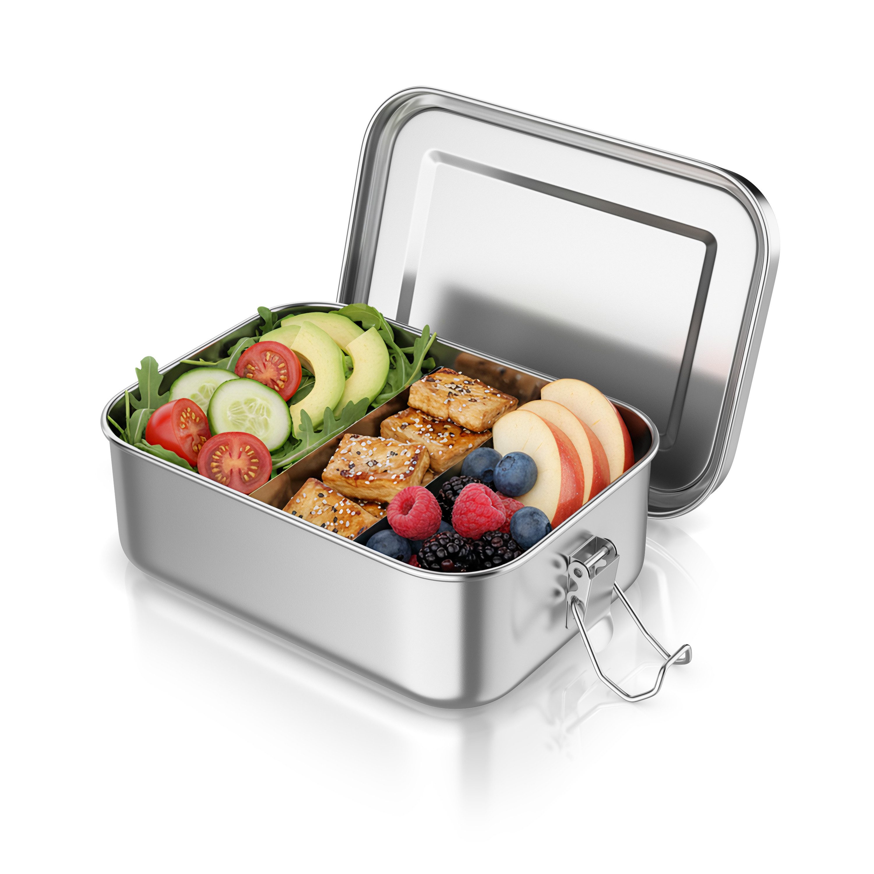 Arendo Lunchbox Edelstahl Brotdose 800 ml mit Fächern, für Kinder und Erwachsene, Edelstahl, (1-tlg., 2 Trennstege, 2 Silikondichtungen), auslaufsicher, entnehmbare Trennstege, Dichtung, lebensmittelecht