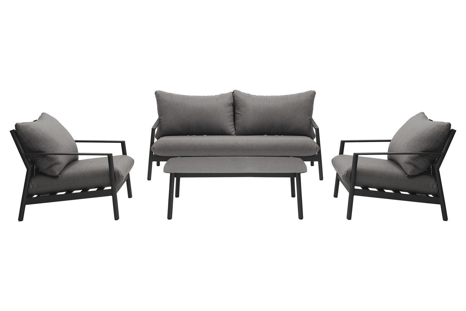 Gartenlounge-Set MONTI, 4-teilig, Grau, Aluminium, Olefin, 2 Sessel, 1 Sofa, 1 Loungetisch, mit Kissen