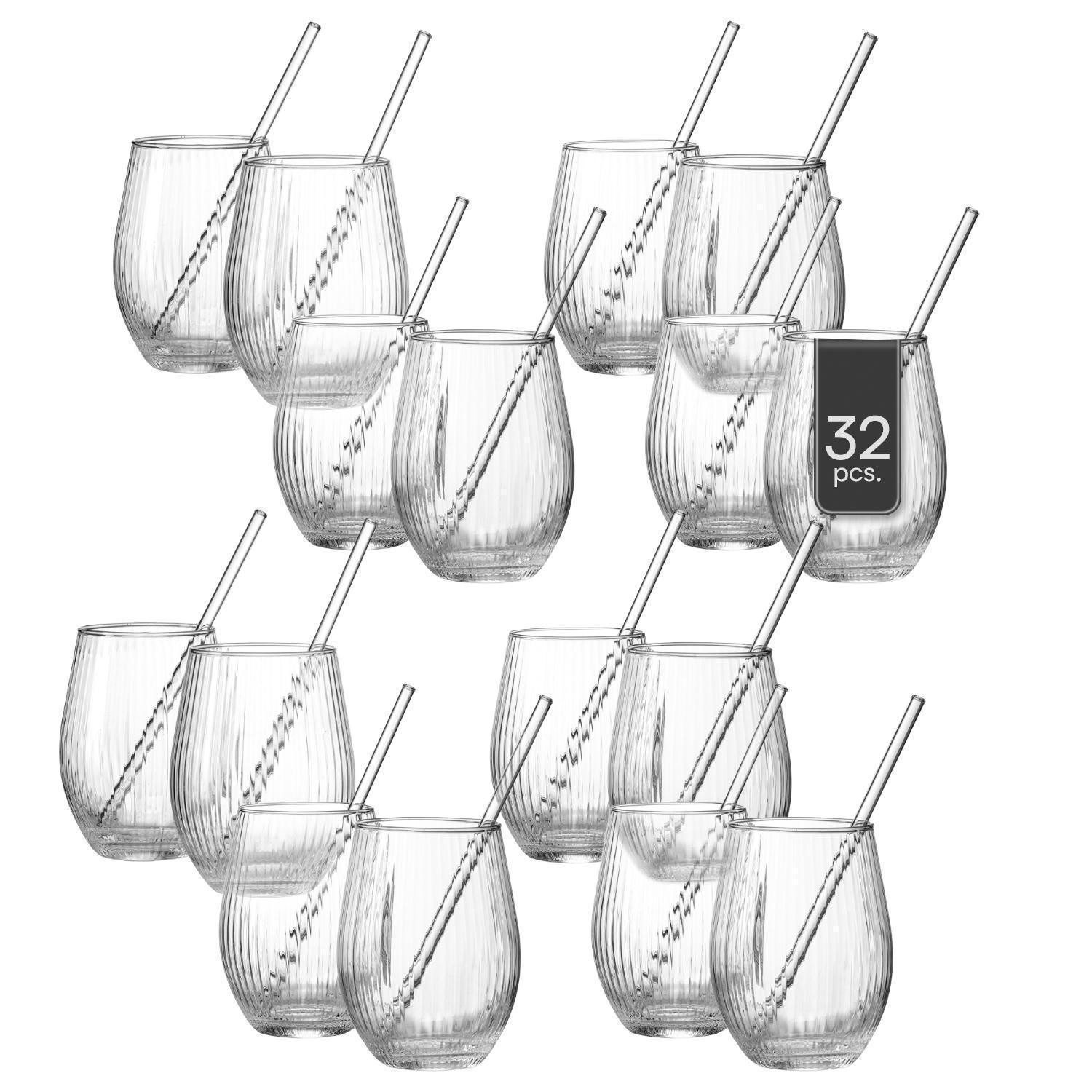 Ritzenhoff & Breker Gläser-Set 32-teilig PACA, Transparent, 590ml, Streifenrelief, Glas, Spülmaschinengeeignet, mit 4 Strohhalmen