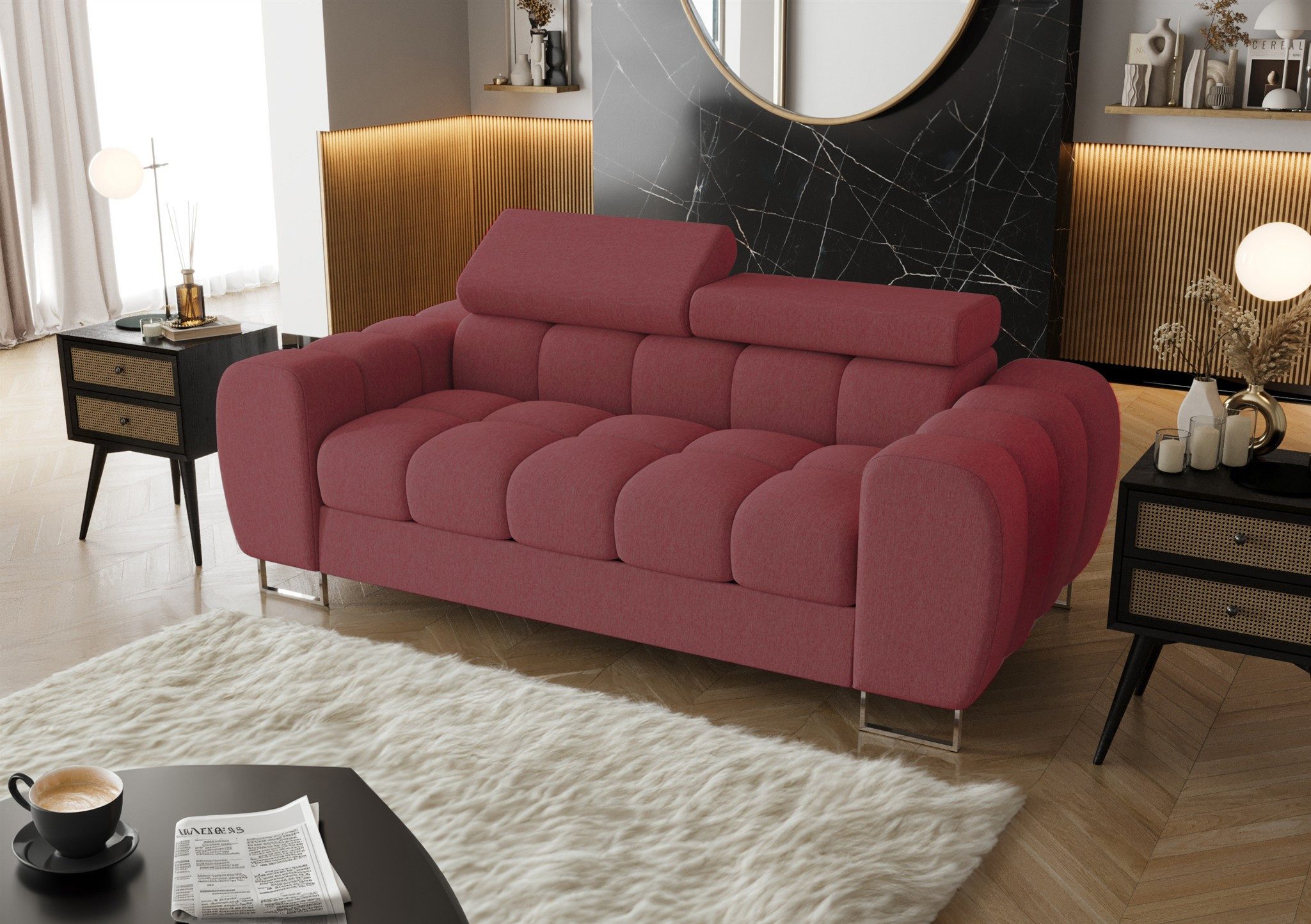Fun Möbel 2-Sitzer Designersofa Sofa BASTIEN in Stoff, Rundumbezug, 2 einstellbare Kopfstützen
