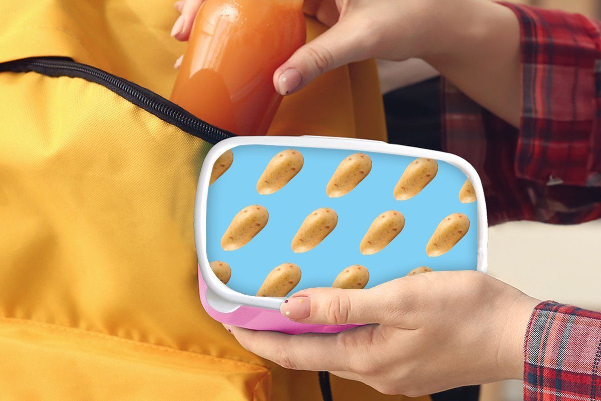 Brotbox rosa MuchoWow Blau, Kartoffel Kinder, - Lunchbox - Erwachsene, Kunststoff, (2-tlg), Muster für Snackbox, Mädchen, Brotdose Kunststoff